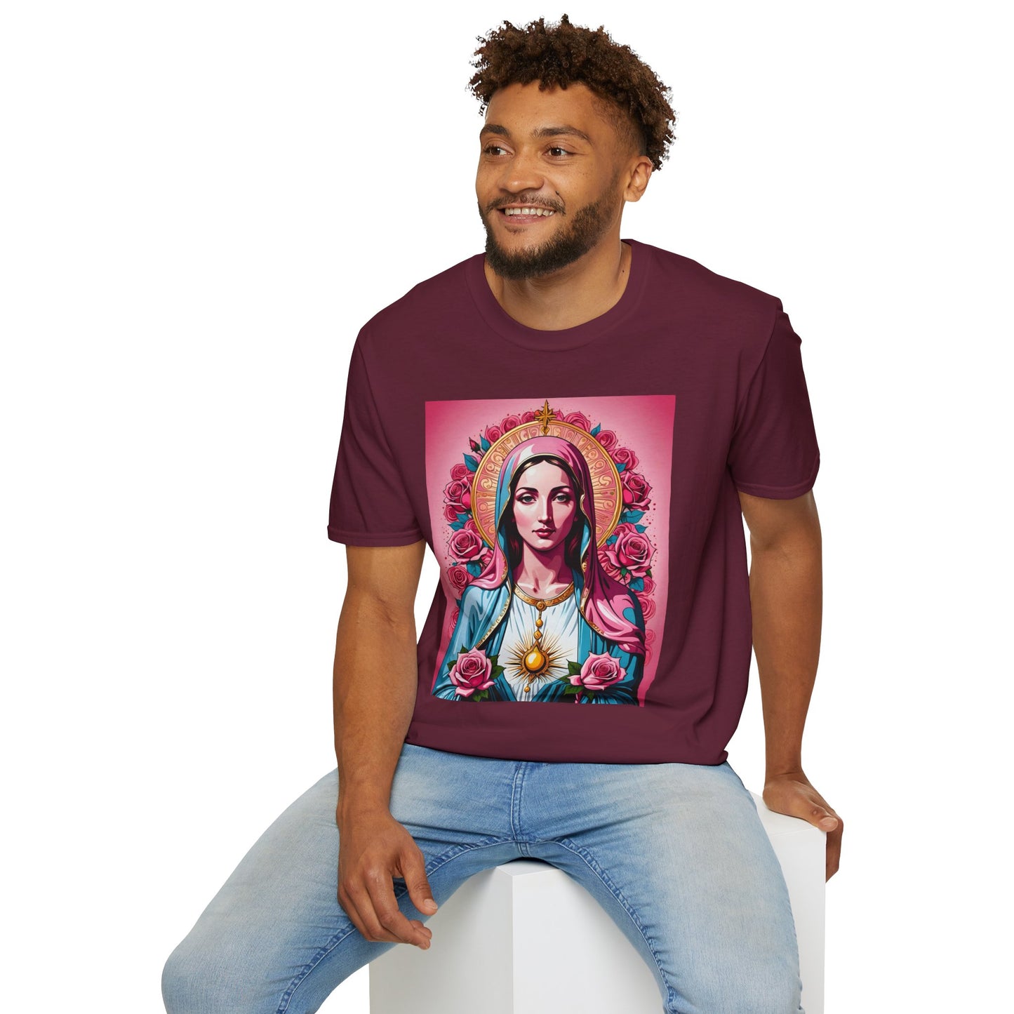 Unisex Softstyle T-Shirt with Sacred Heart Design, Spiritual Apparel, Artistic Gift for Many Occasions, Vintage Aesthetic, Festive Wear