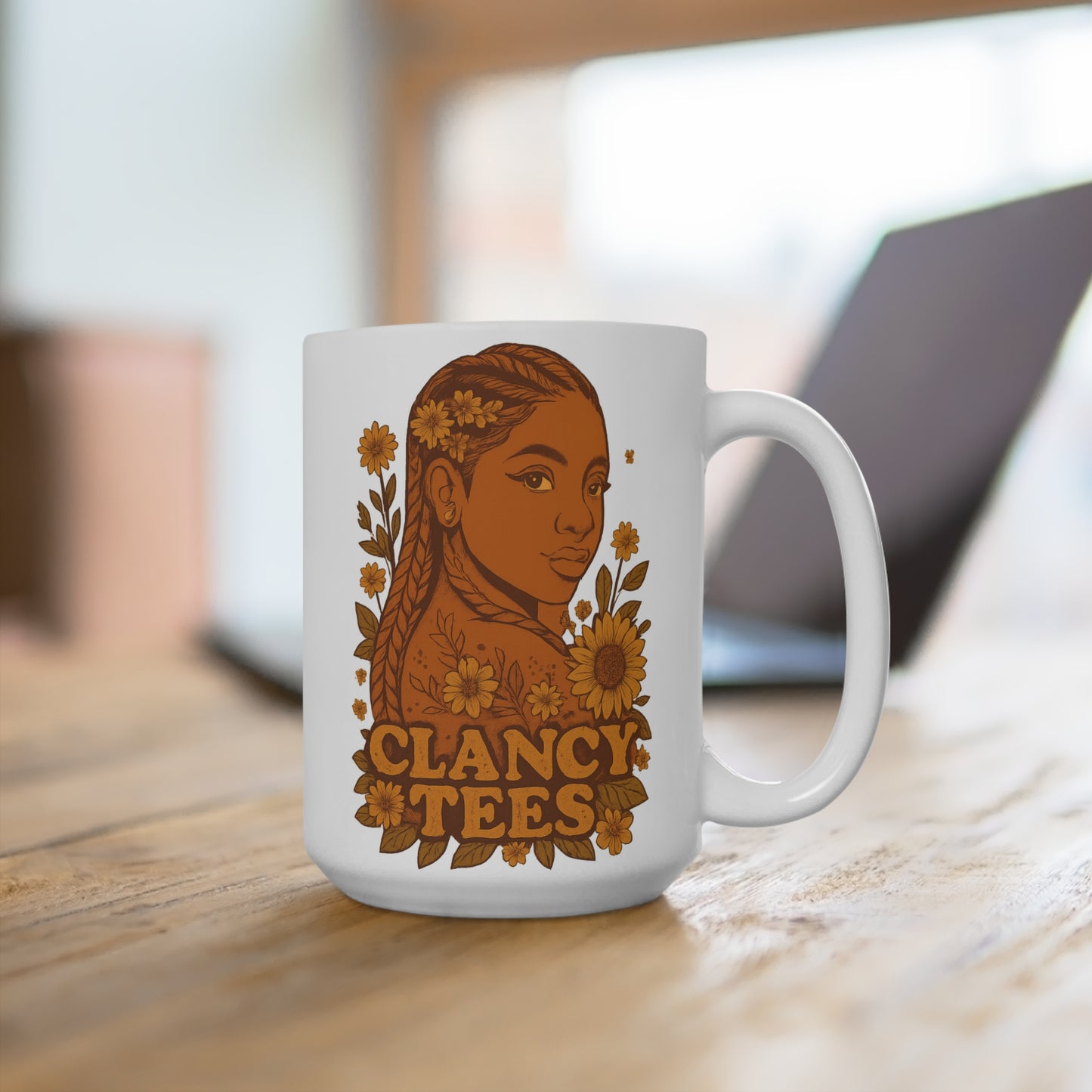 Sunflower Queen Mug Bold Floral Portrait Artwork Ceramic Coffee Cup Gift for Art Lovers