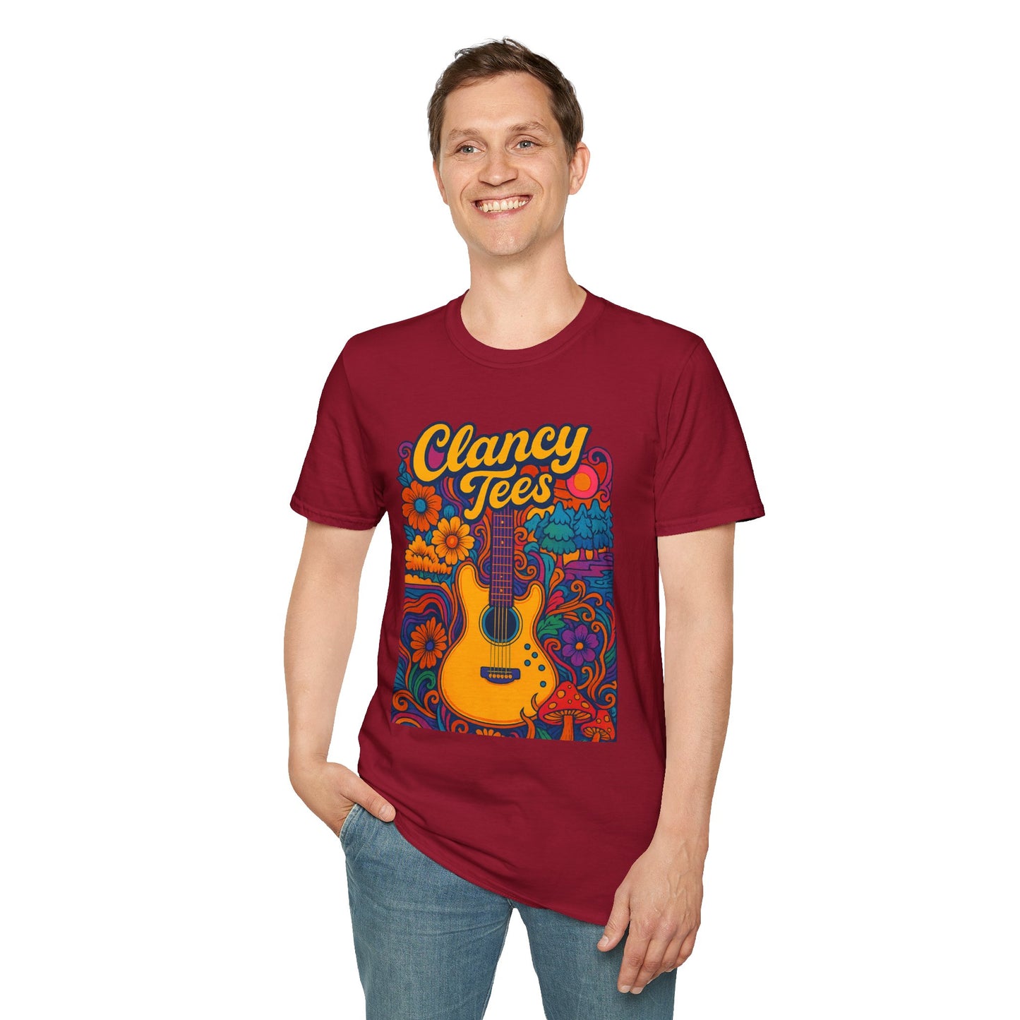 Retro Guitar Graphic T-Shirt for Music Lovers, Vintage Style Tee, Unisex Design, Ideal for Festivals and Gifts, Clancy Tees