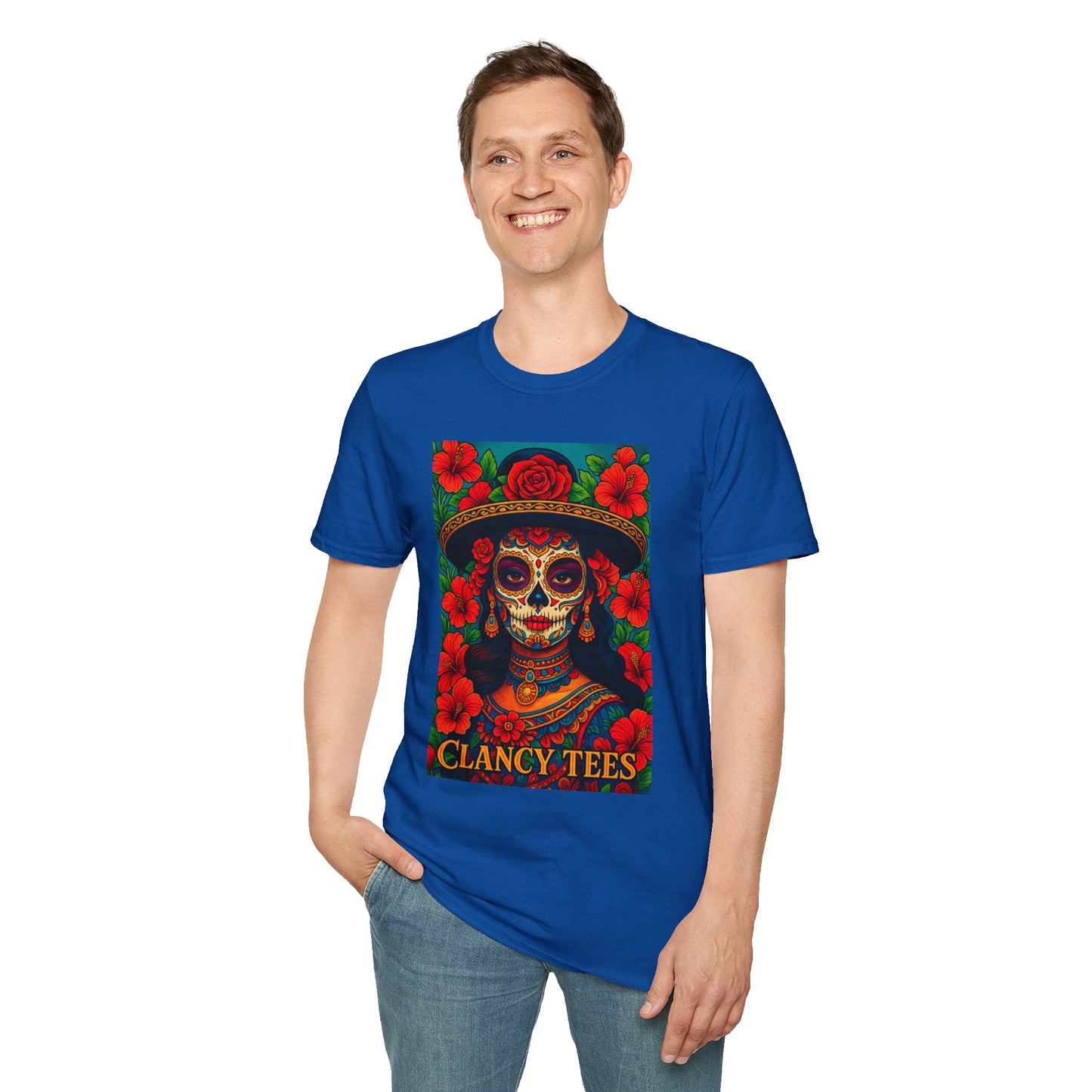 Colorful Sugar Skull T-Shirt, Day of the Dead Tee, Unique Graphic Shirt, Festival Apparel, Gift for Halloween, Unisex Softstyle Tee