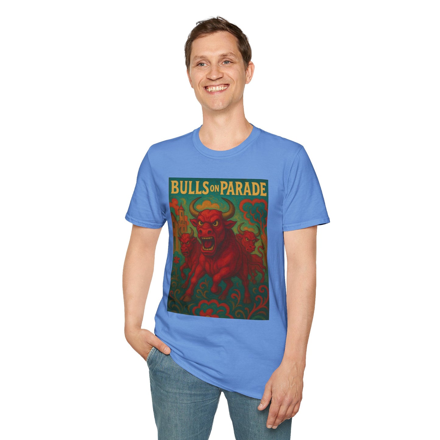 Bulls on Parade Shirt – Psychedelic Rage-Inspired Bull Graphic Tee • Gildan Softstyle® Unisex • Protest Art T-Shirt • Gift for Rage Fans