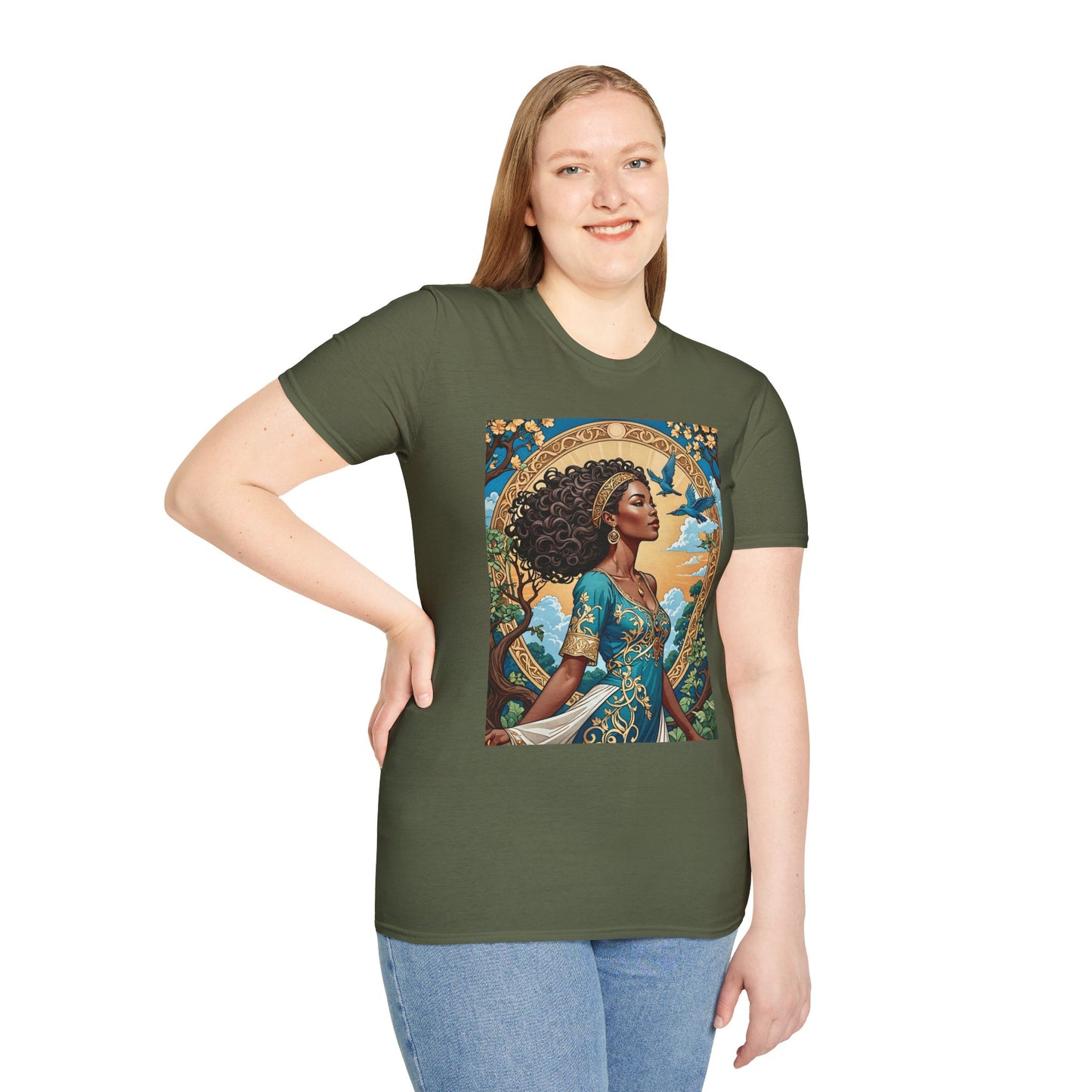 Bohemian Goddess T-Shirt, Unisex Softstyle Tee, Nature-Inspired Apparel, Gift for Women, Artistic Graphic Shirt, Eco-Friendly Fashion