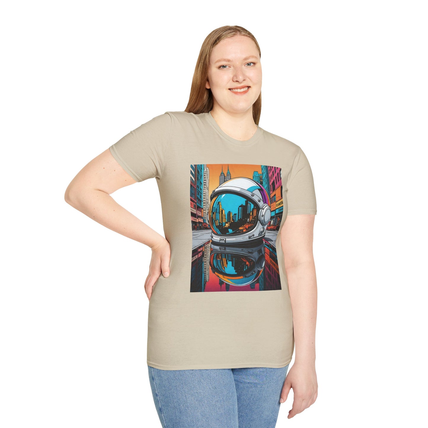 City Astronaut Reflection T-Shirt – Urban Space Art Tee – Gift for Sci-Fi Fans, Streetwear Addicts, and Cosmic Daydreamers