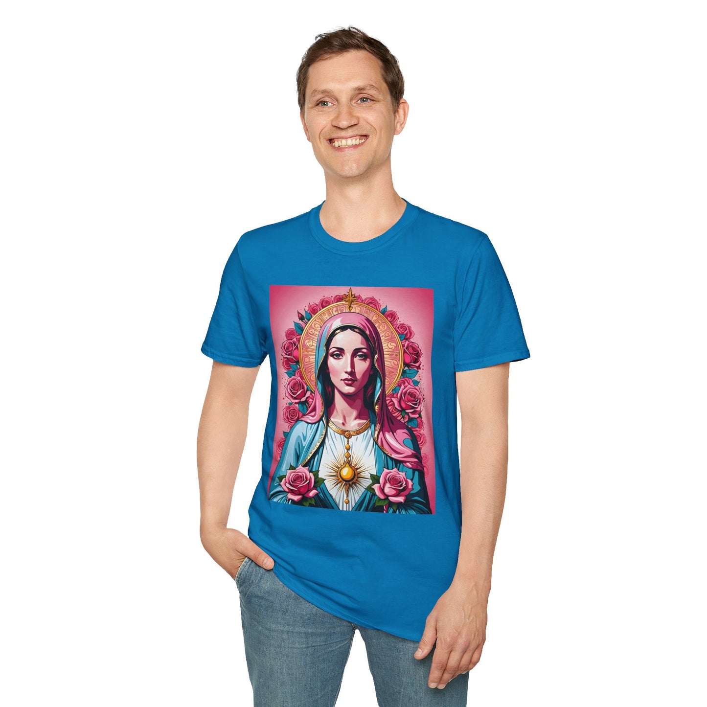 Unisex Softstyle T-Shirt with Sacred Heart Design, Spiritual Apparel, Artistic Gift for Many Occasions, Vintage Aesthetic, Festive Wear