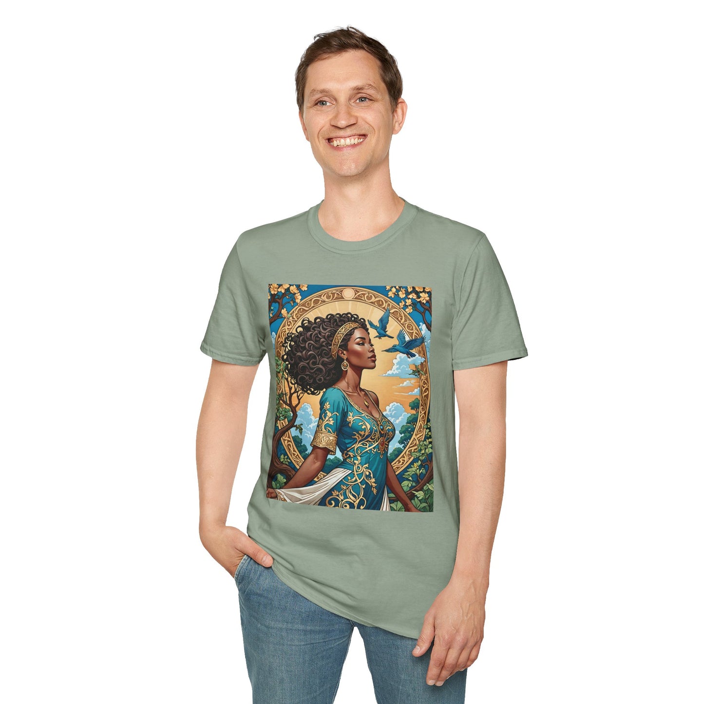 Bohemian Goddess T-Shirt, Unisex Softstyle Tee, Nature-Inspired Apparel, Gift for Women, Artistic Graphic Shirt, Eco-Friendly Fashion