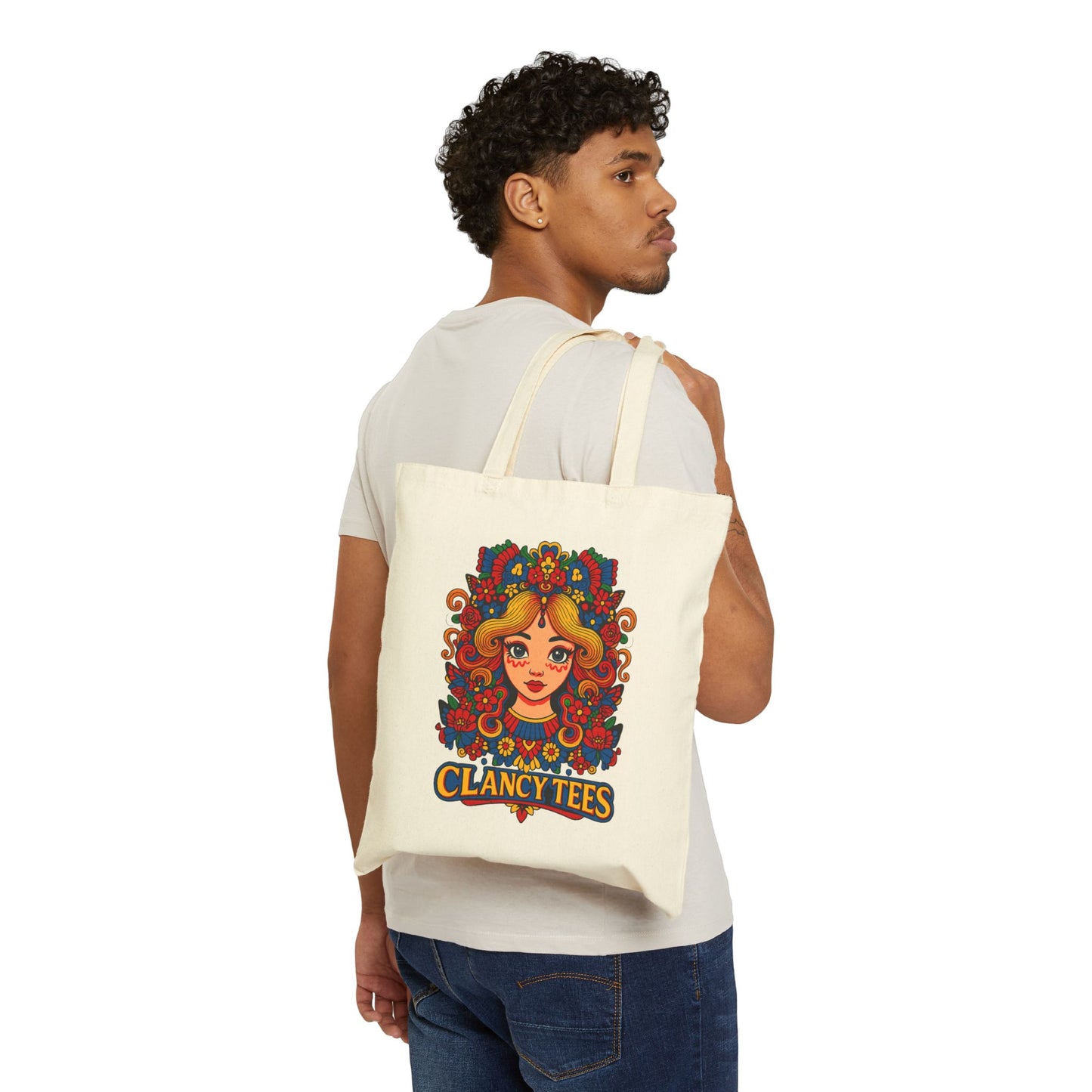 Psychedelic Art Tote Bag With Retro Floral Face Design Groovy Fashion Accessory Everyday Carry Bag Clancy Tees Artwork