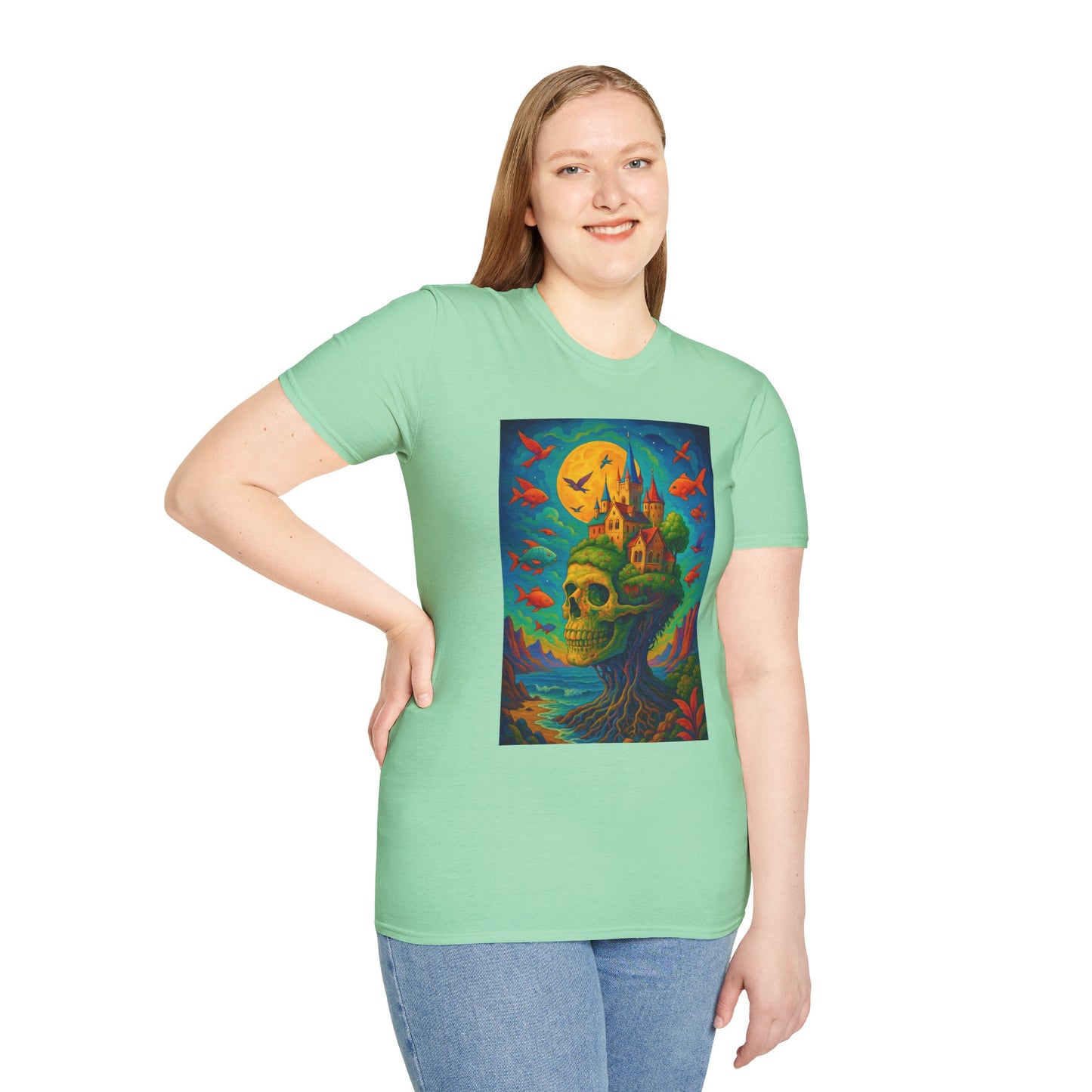 Psychedelic Skull Castle T-Shirt Surreal Fantasy Art Tee | Trippy Gothic Aesthetic Shirt | Gift for Weirdos and Dreamers | Dark Art Forest Top