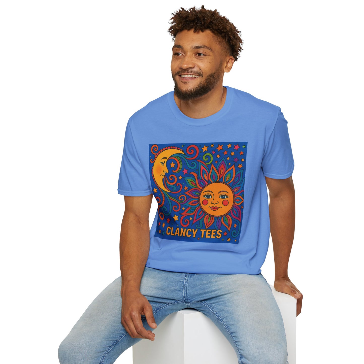 Sun and Moon Vibrant Tee, Unisex Softstyle T-Shirt for Summer Vibes, Boho Fashion, Gift for Her, Festival Wear, Casual Wear