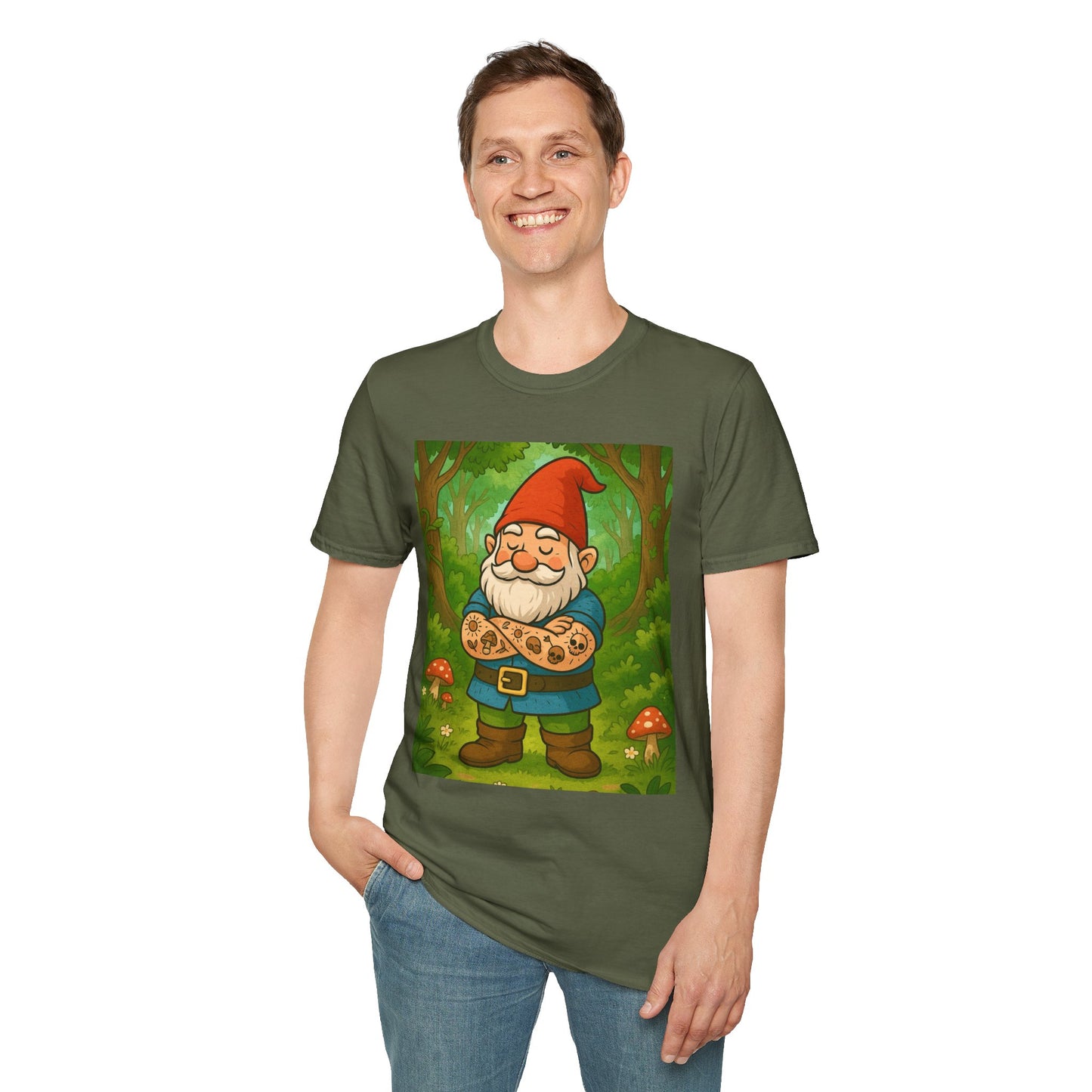 Tattooed Gnome T-Shirt – Funny Forest Inked Gnome Tee – Whimsical Tattoo Garden Shirt Gift for Mushroom Lovers, Gardeners, and Fantasy Fans