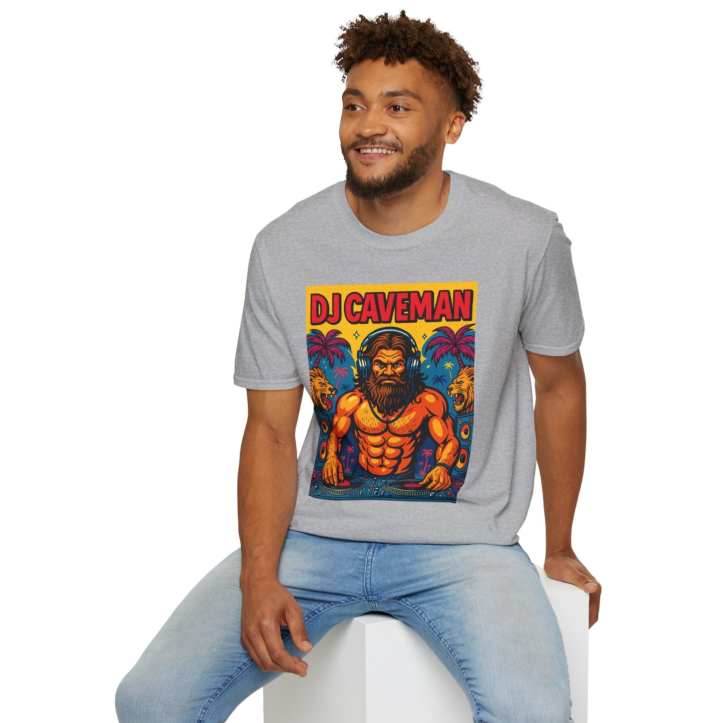 DJ Caveman T-Shirt Funny Rave Party Tee | Prehistoric Clubbing Shirt for Music Lovers | Gift for DJs and EDM Fans | Caveman Aesthetic Shirt
