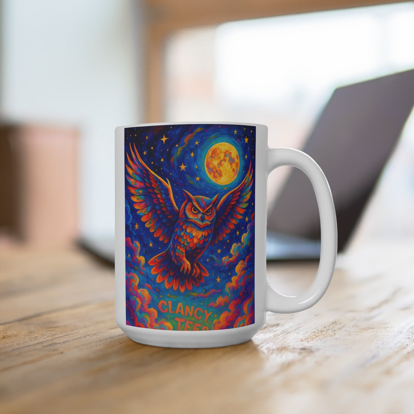 Psychedelic Owl Coffee Mug Colorful Full Moon Artwork Cosmic Bird Cup Unique Gift For Fantasy And Night Sky Lovers