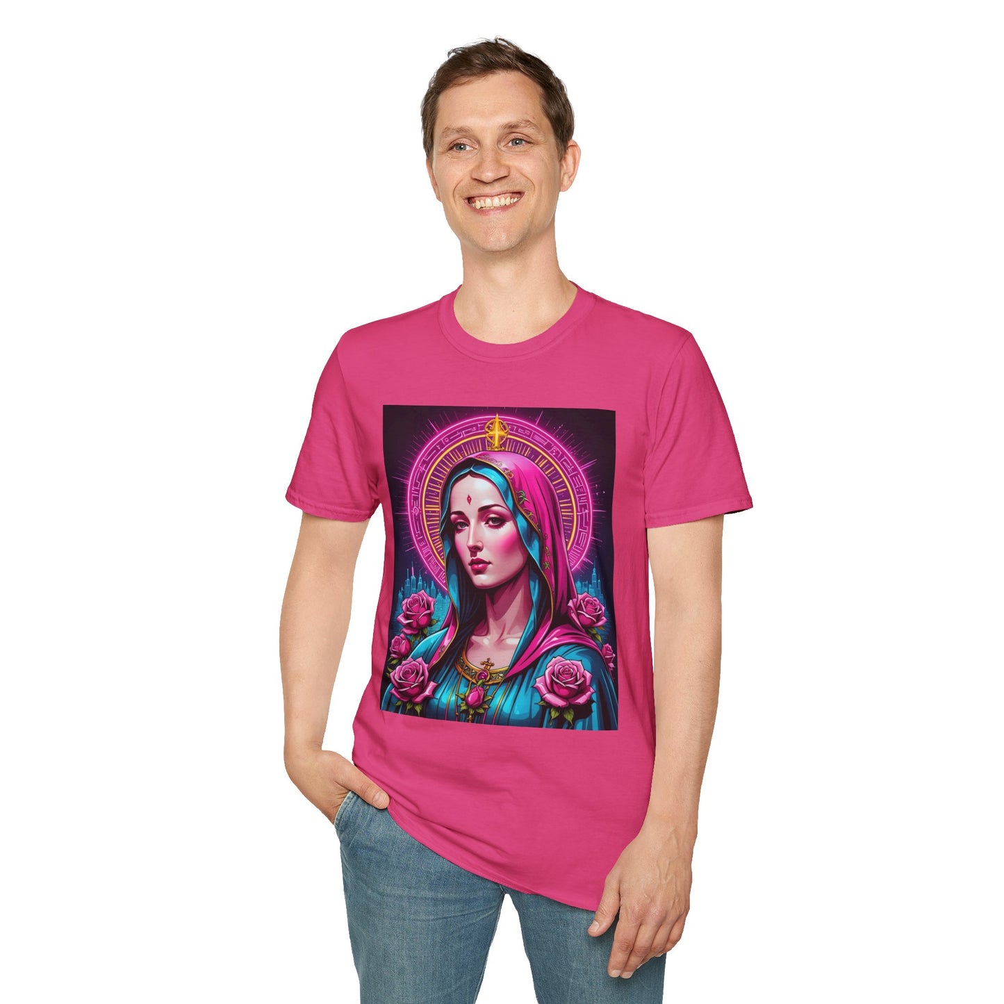 Religious Graphic Tee - Vibrant Mary Artwork, Gift for Devotees, Floral Design Shirt, Faith-Inspired Apparel, Everyday Wear