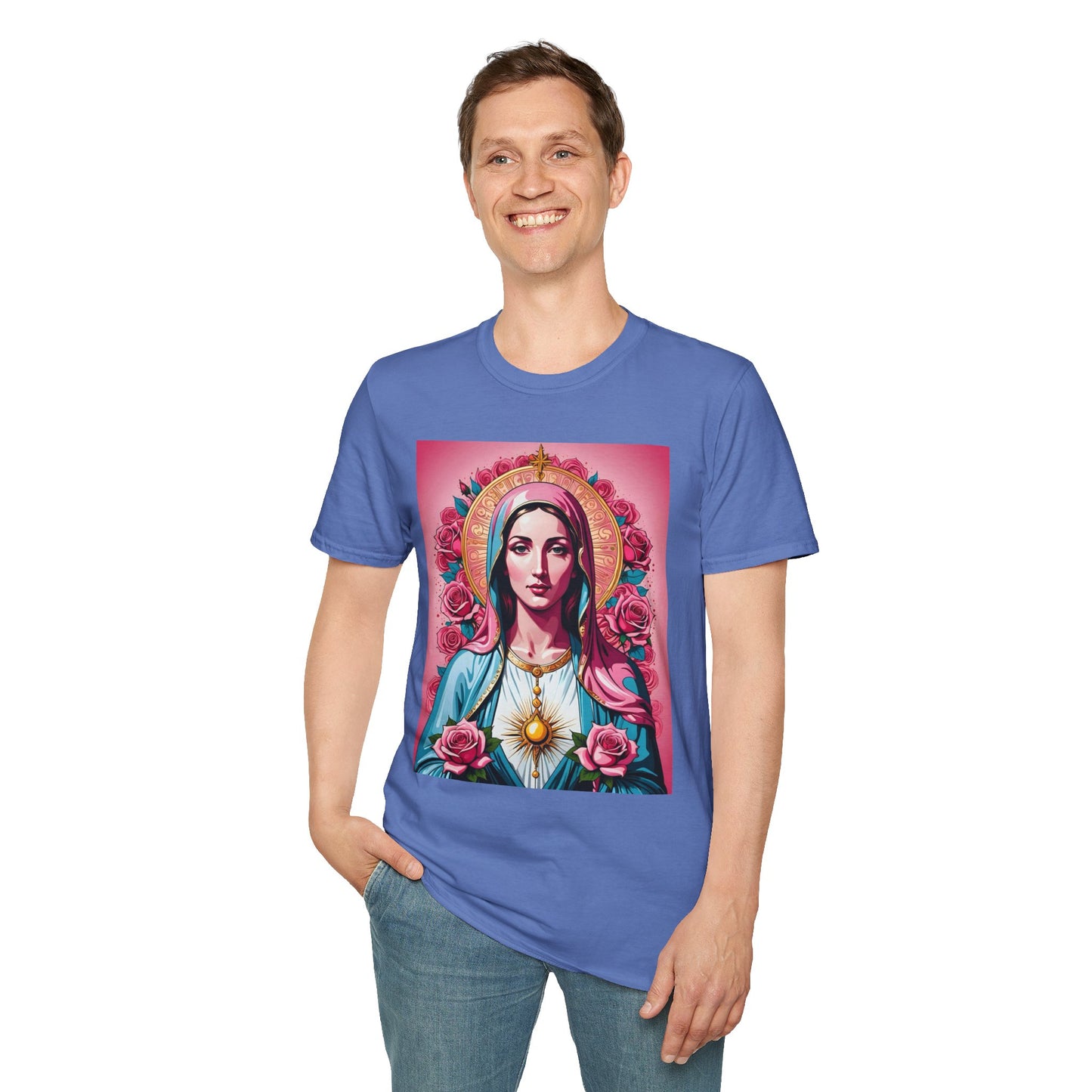Unisex Softstyle T-Shirt with Sacred Heart Design, Spiritual Apparel, Artistic Gift for Many Occasions, Vintage Aesthetic, Festive Wear
