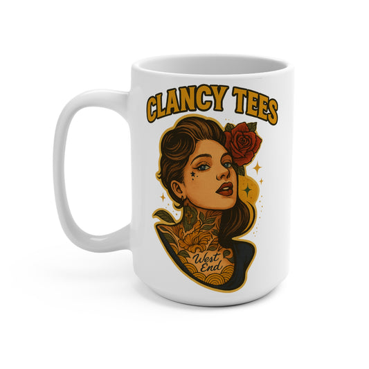 West End Chicano Rose Tattoo Mug – Bold 15oz Ceramic Coffee Cup, Chicana Artwork Drinkware, Vintage Tattoo Inspired Floral Portrait Gift