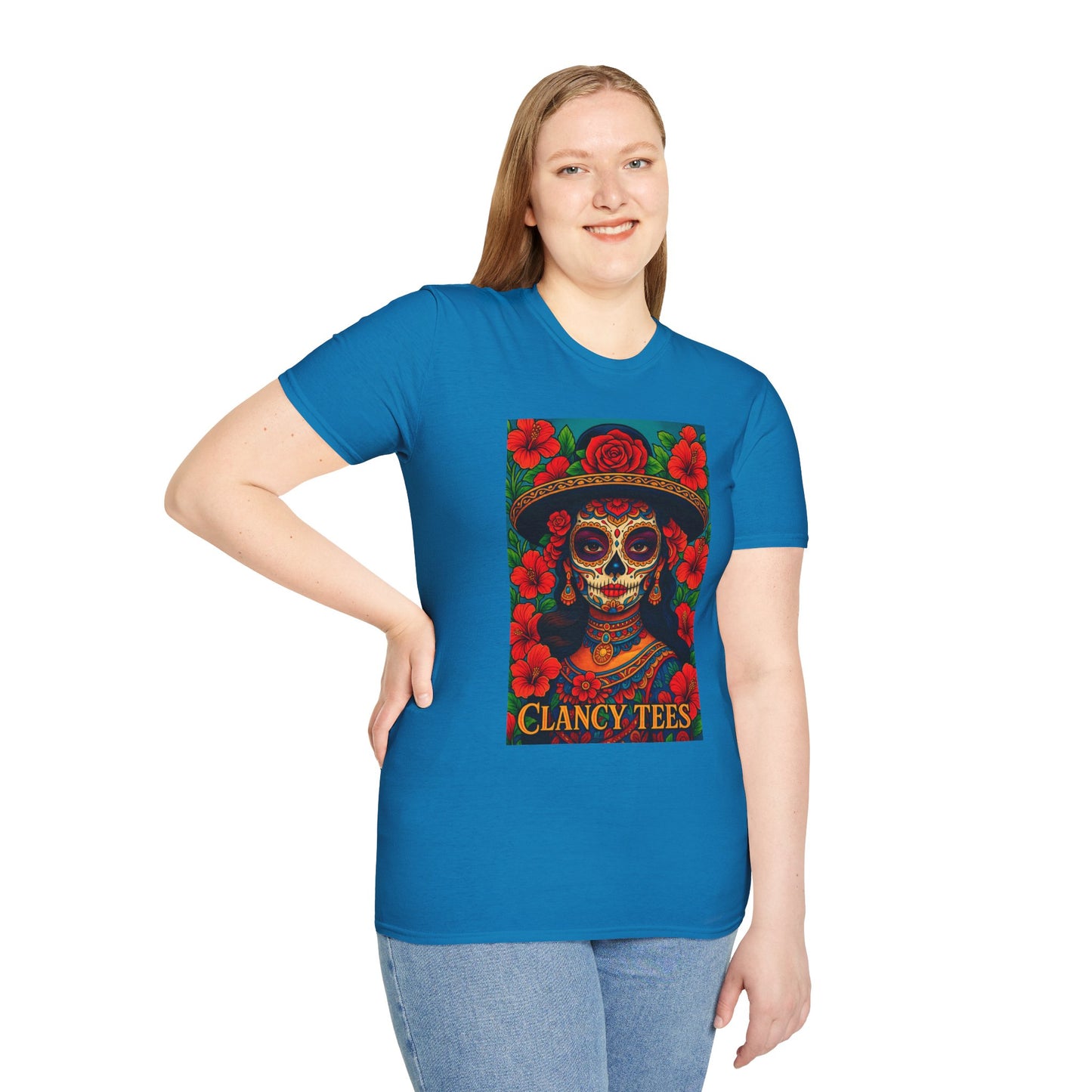 Colorful Sugar Skull T-Shirt, Day of the Dead Tee, Unique Graphic Shirt, Festival Apparel, Gift for Halloween, Unisex Softstyle Tee