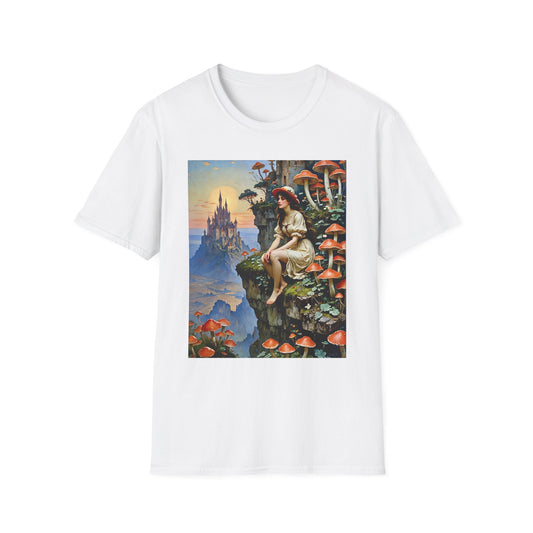 Fantasy Mushroom Fairy T-Shirt Enchanted Castle Cliffside Tee Surreal Magic Art Shirt Gift for Fantasy Fans Gift for Dreamers Psychedelic Nature Tee