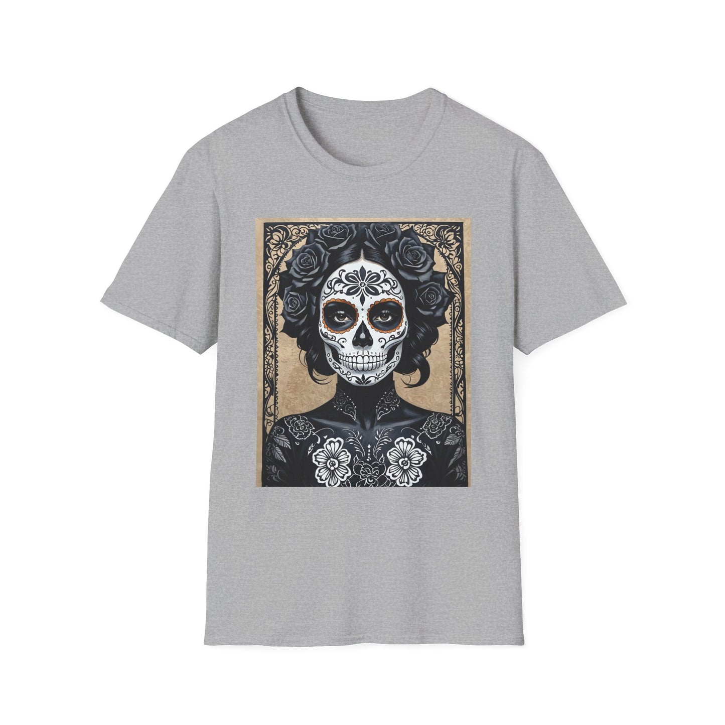 Black Floral Skull Tattoo Shirt – Gothic Día de los Muertos Tee – Gift for Skull Collectors, Tattoo Fans, and Alt Aesthetic Enthusiasts