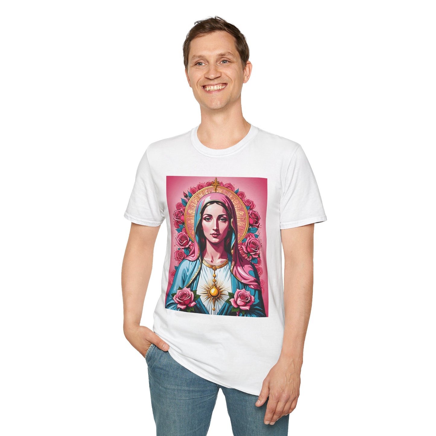 Unisex Softstyle T-Shirt with Sacred Heart Design, Spiritual Apparel, Artistic Gift for Many Occasions, Vintage Aesthetic, Festive Wear