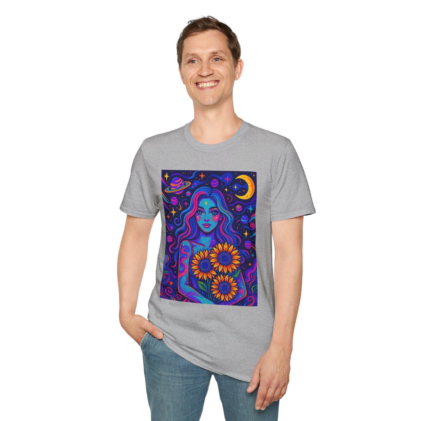 Psychedelic Sunflower Girl Shirt Trippy Space Goddess Tee Gift for Astrology Lovers Cosmic Art T Shirt for Hippies Star Gazers and Moon Magic Fans