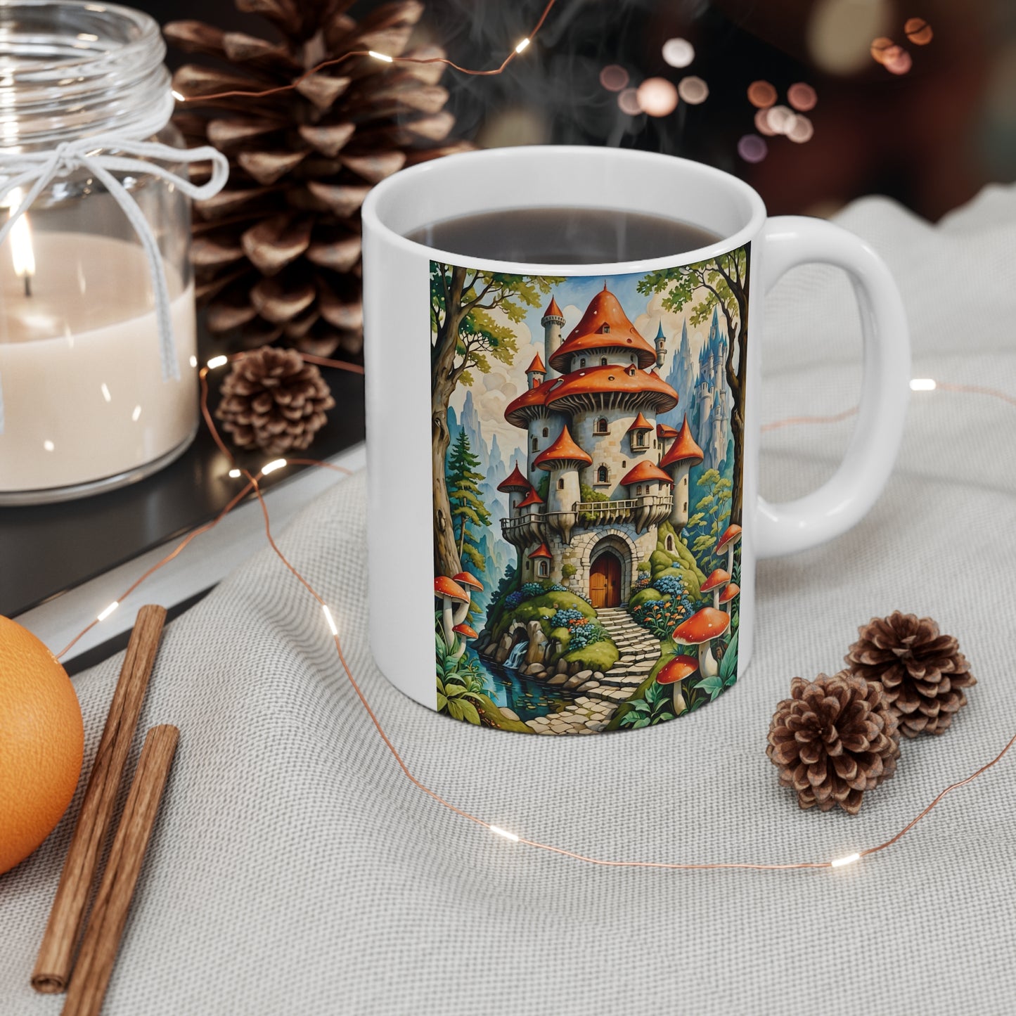 Fantasy Castle Coffee Mug 11oz Ceramic Cup Fairy Tale Drinkware Whimsical Mushroom Artwork Enchanted Forest Design For Morning Coffee And Tea