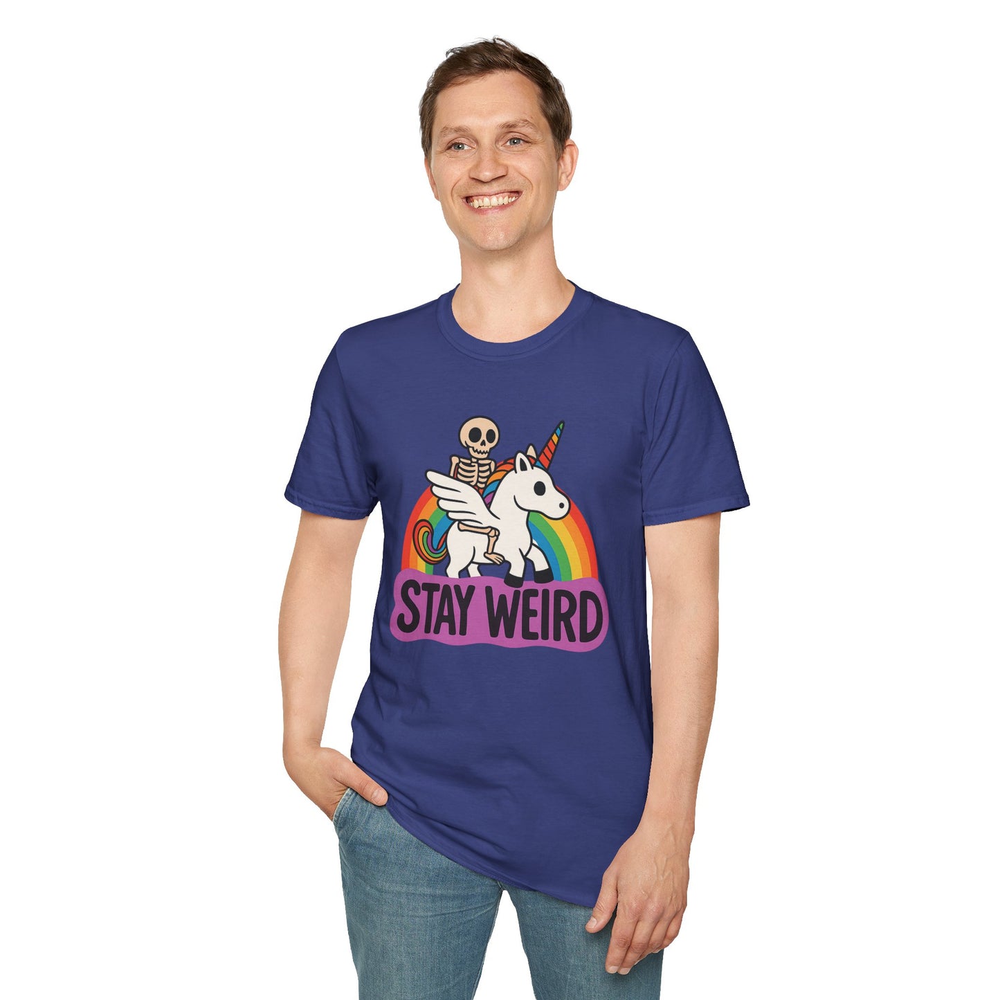Stay Weird Skeleton Unicorn Shirt – Funny Rainbow Graphic Tee – Whimsical Weirdcore Clothing – Gift for Quirky Friends and Oddball Souls