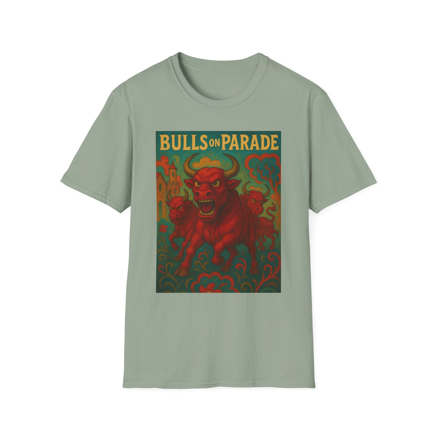 Bulls on Parade Shirt – Psychedelic Rage-Inspired Bull Graphic Tee • Gildan Softstyle® Unisex • Protest Art T-Shirt • Gift for Rage Fans