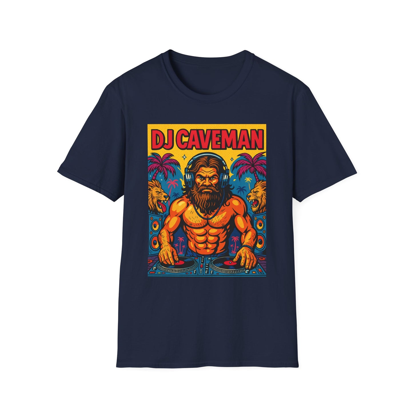 DJ Caveman T-Shirt Funny Rave Party Tee | Prehistoric Clubbing Shirt for Music Lovers | Gift for DJs and EDM Fans | Caveman Aesthetic Shirt