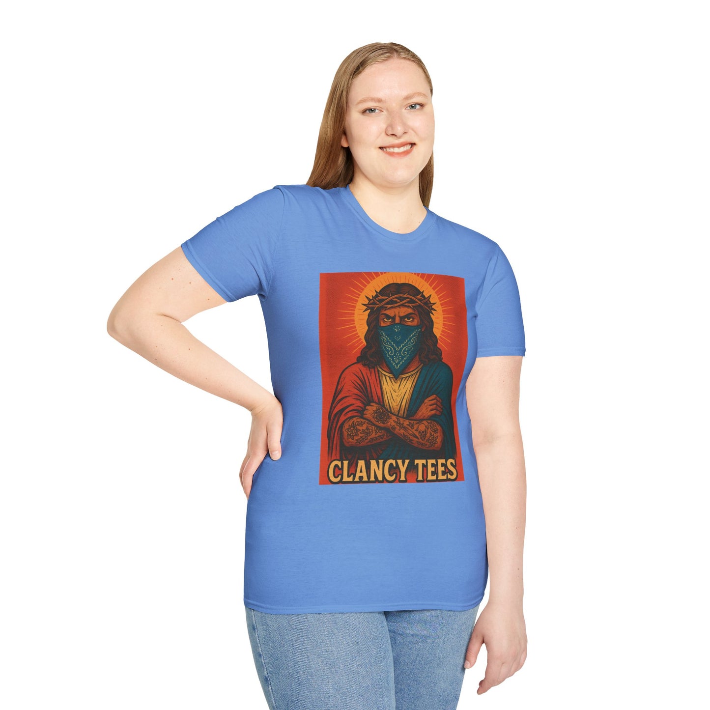 Gangsta Jesus Tattoo Shirt – Bold Religious Parody Tee with Face Mask – Street Art Style Graphic – Gift for Rebels, Sinners, and Faithful Rule-Breakers