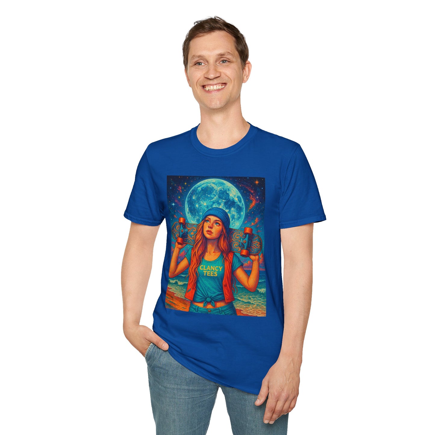 Bohemian Skater Girl Graphic Tee, Unisex T-Shirt with Moon & Nature Design, Perfect for Festivals, Gift for Nature Lovers, Summer Vibes, Casual Wear