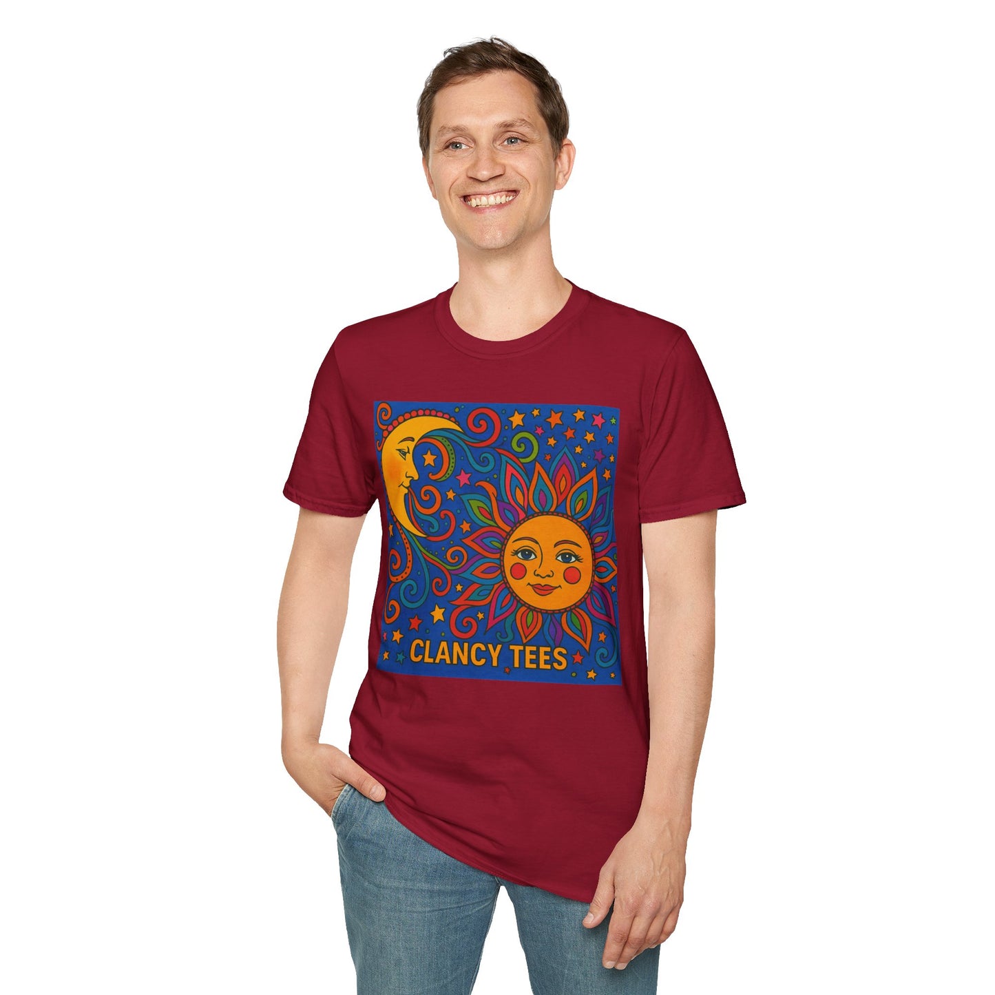 Sun and Moon Vibrant Tee, Unisex Softstyle T-Shirt for Summer Vibes, Boho Fashion, Gift for Her, Festival Wear, Casual Wear