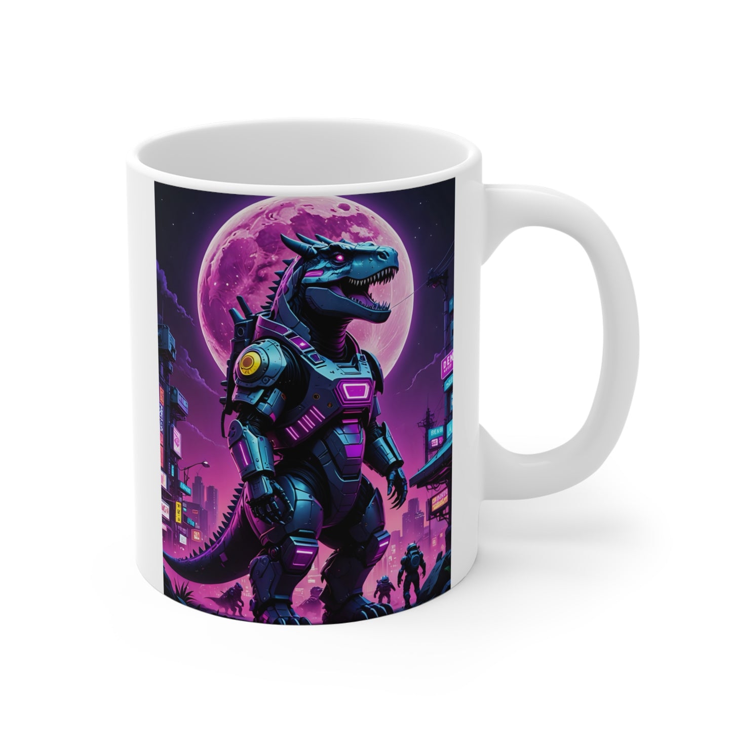 Cyberpunk Dinosaur Coffee Mug 11oz Ceramic Cup Retro Futuristic Drinkware Neon T Rex Artwork Sci Fi Design For Morning Coffee Tea And Hot Drinks