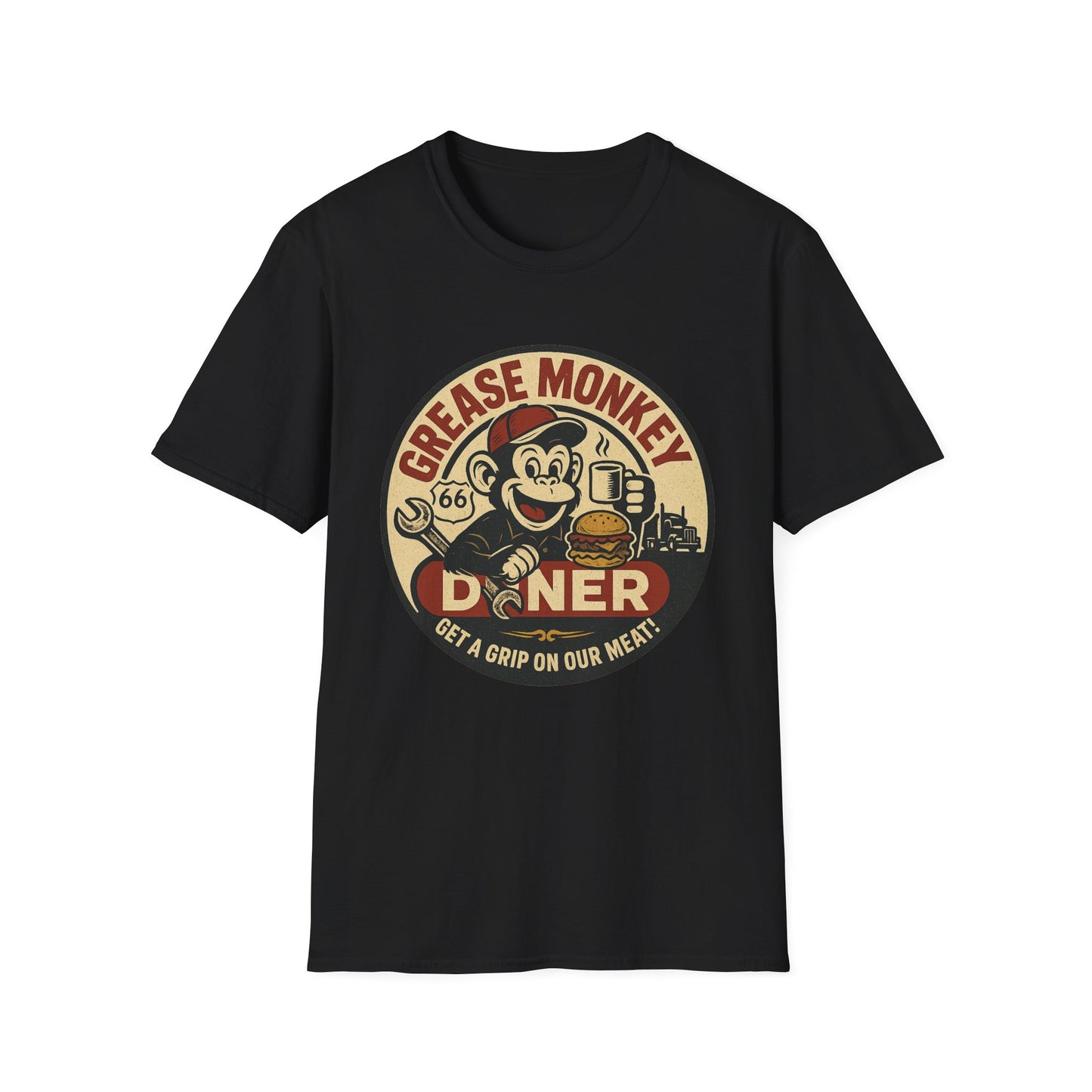Grease Monkey Diner T-Shirt – Retro Mechanic Mascot Tee – Funny Vintage Roadside Shirt Gift for Car Guys, Grill Masters, and Route 66 Road Trip Fans