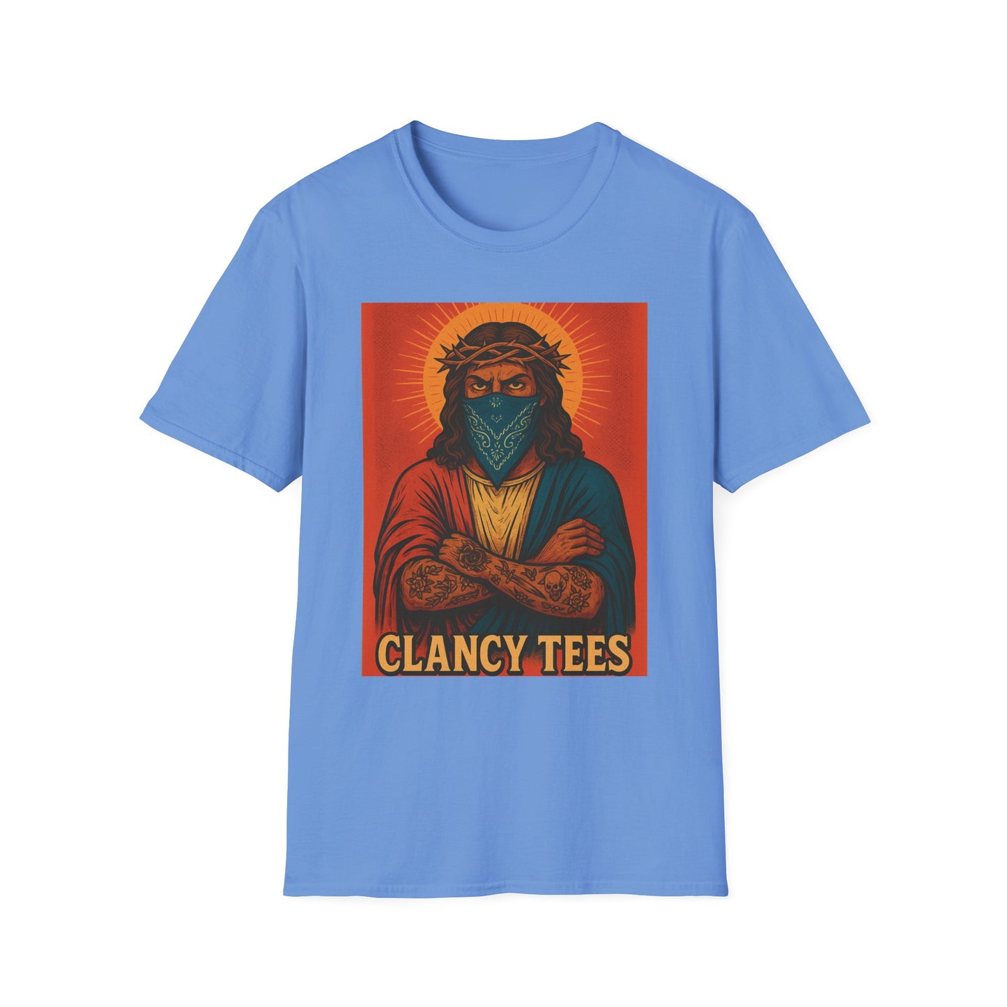 Gangsta Jesus Tattoo Shirt – Bold Religious Parody Tee with Face Mask – Street Art Style Graphic – Gift for Rebels, Sinners, and Faithful Rule-Breakers