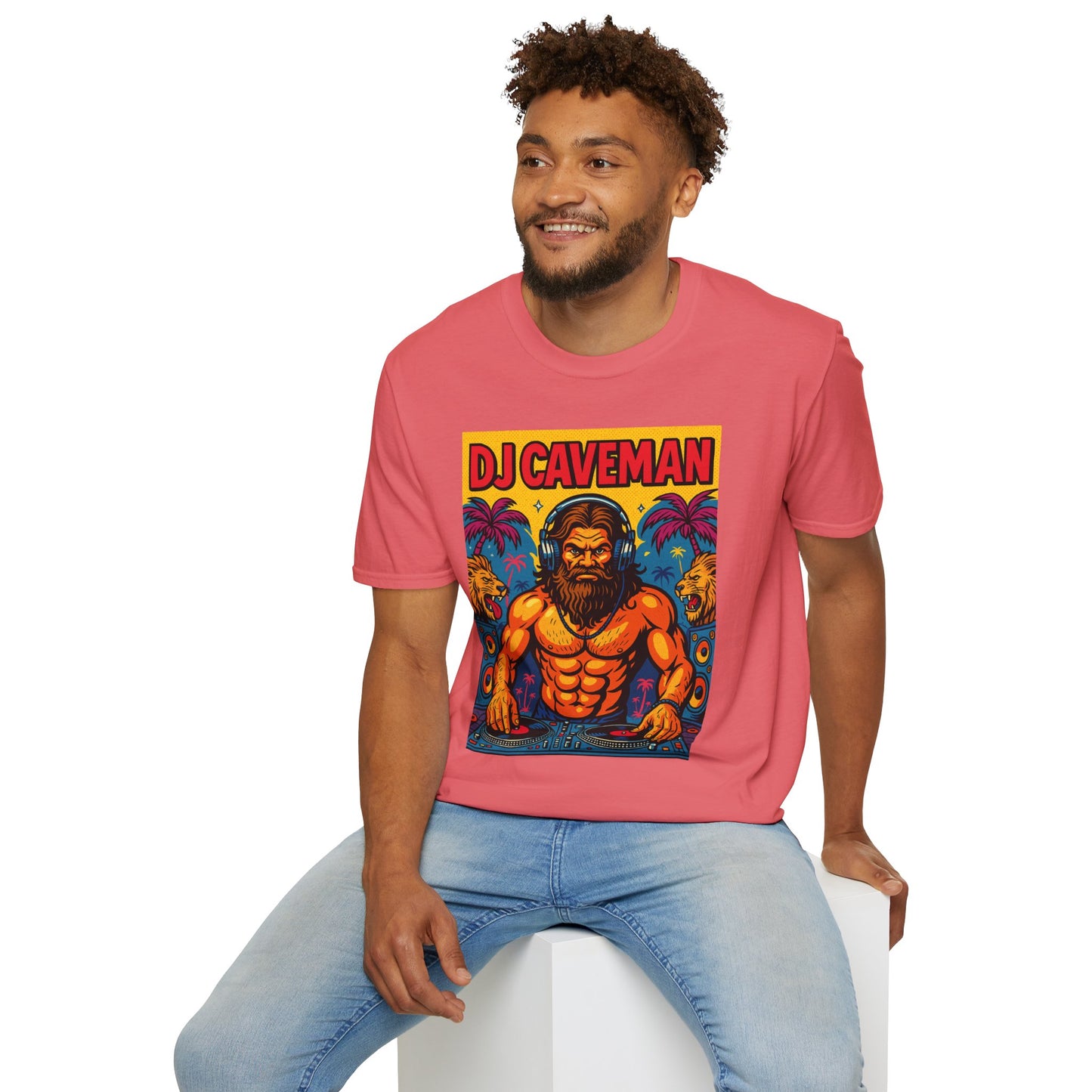DJ Caveman T-Shirt Funny Rave Party Tee | Prehistoric Clubbing Shirt for Music Lovers | Gift for DJs and EDM Fans | Caveman Aesthetic Shirt