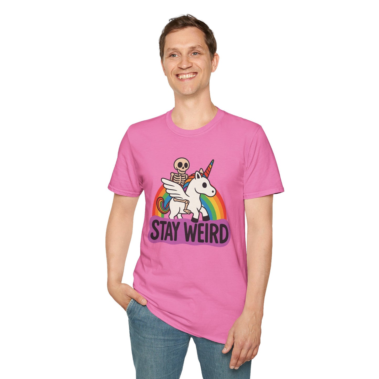 Stay Weird Skeleton Unicorn Shirt – Funny Rainbow Graphic Tee – Whimsical Weirdcore Clothing – Gift for Quirky Friends and Oddball Souls