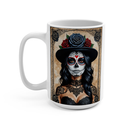 Gothic Day Of The Dead Mug – Sugar Skull Woman Coffee Cup With Roses And Hat, Dia De Los Muertos Artwork, Gift For Dark Art Fans