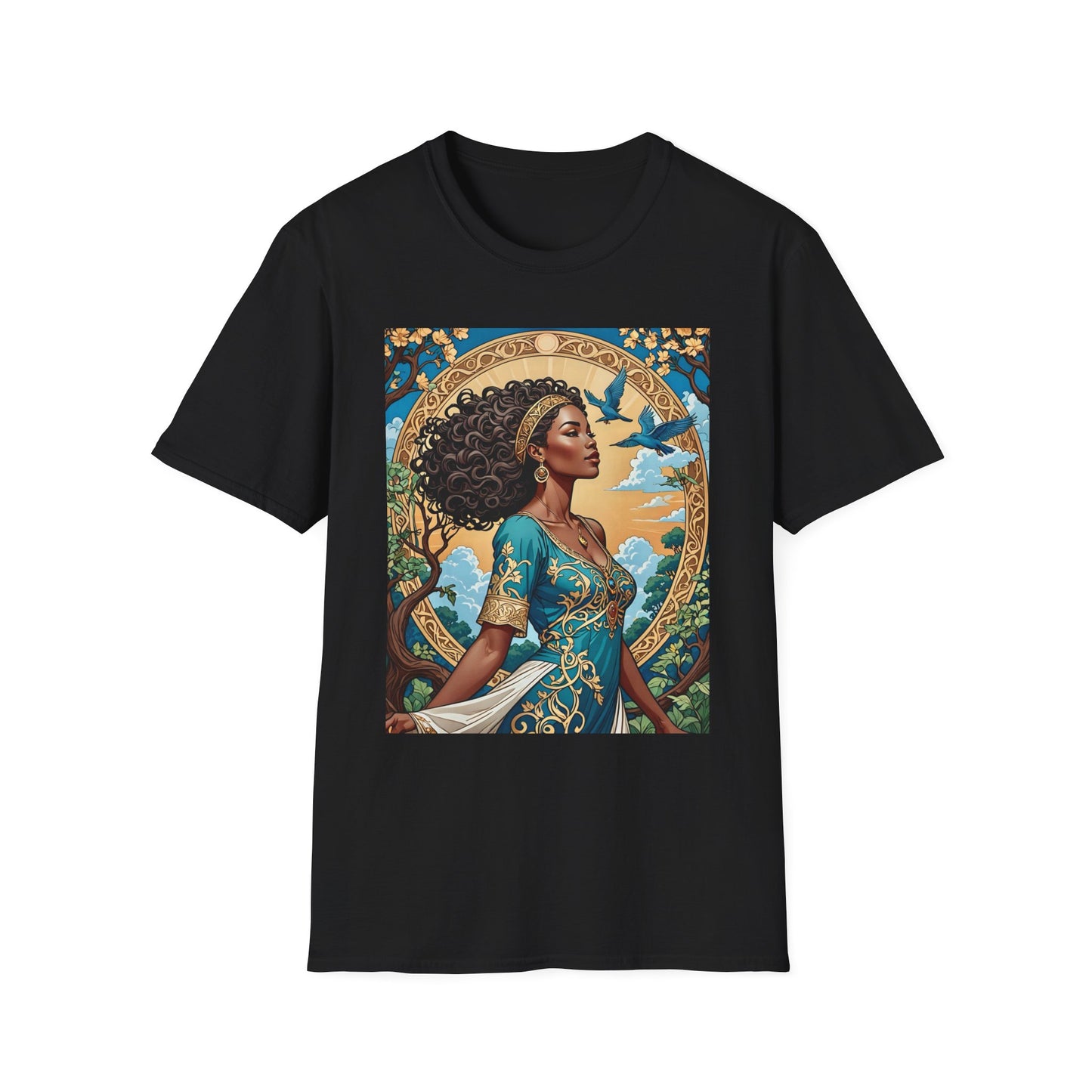 Bohemian Goddess T-Shirt, Unisex Softstyle Tee, Nature-Inspired Apparel, Gift for Women, Artistic Graphic Shirt, Eco-Friendly Fashion