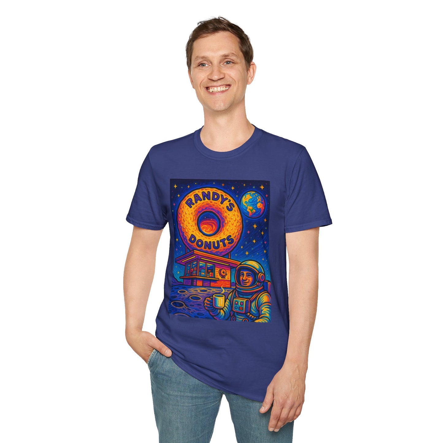 Space Donut T-Shirt – Retro Sci-Fi Astronaut Holding Coffee on the Moon – Gift for Foodies, Dreamers, and Outer Space Humor Fans