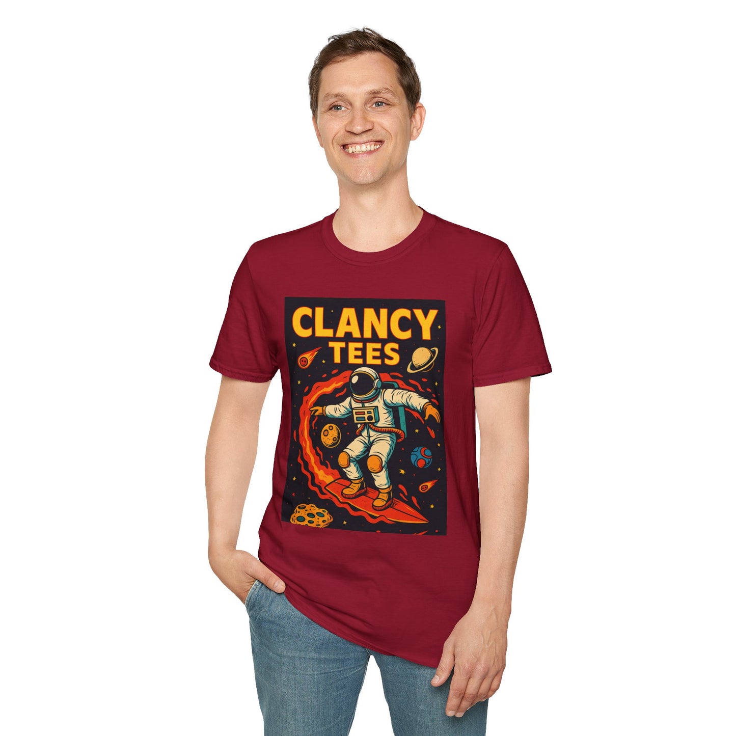 Astronaut Surfing T-Shirt – Outer Space Surfer Tee – Gift for Sci-Fi Beach Bums, Stoner Surfers, and Cosmic Wave Riders