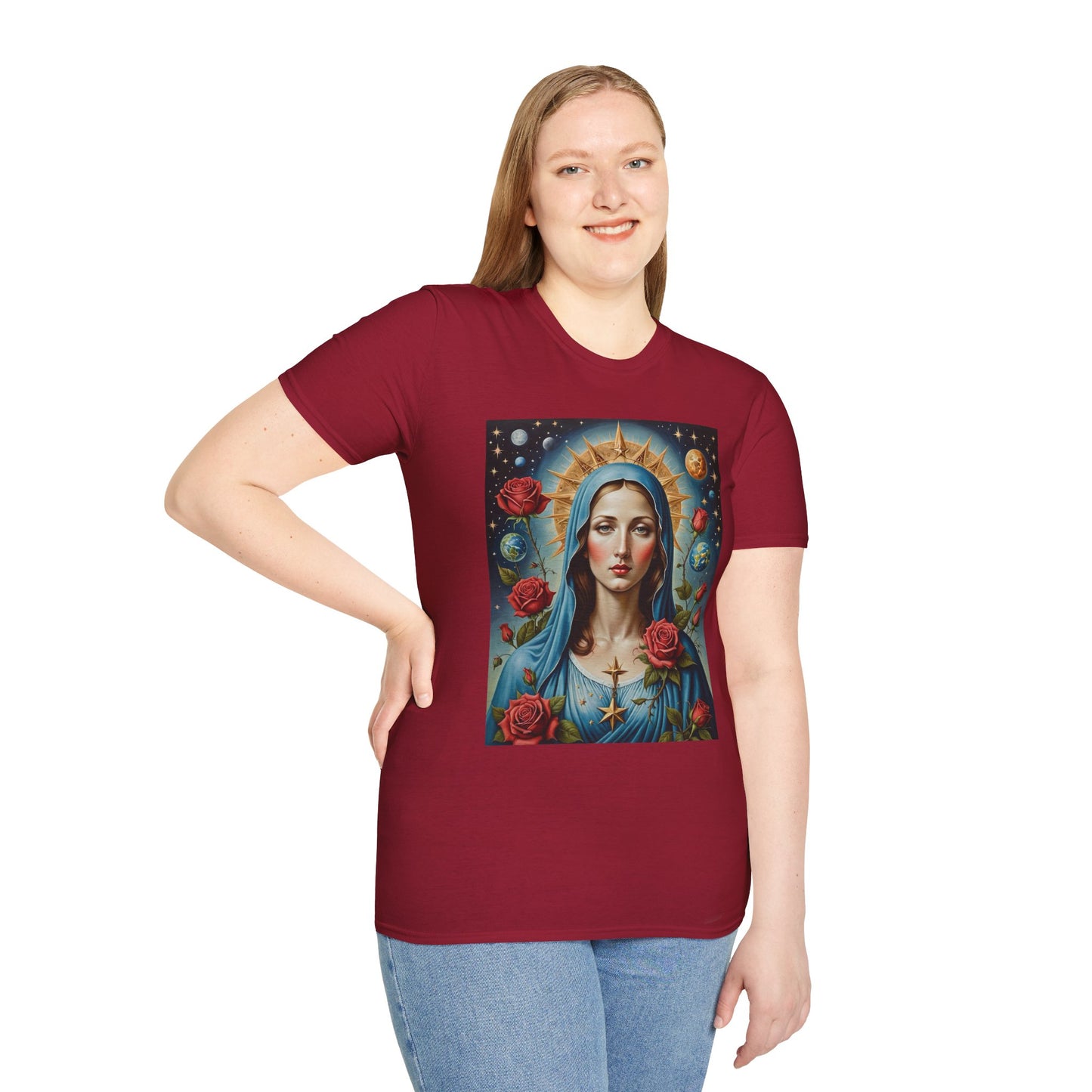Artistic Virgin Mary T-Shirt, Vintage Graphic Tee, Religious Shirt, Christian Gift, Casual Wear