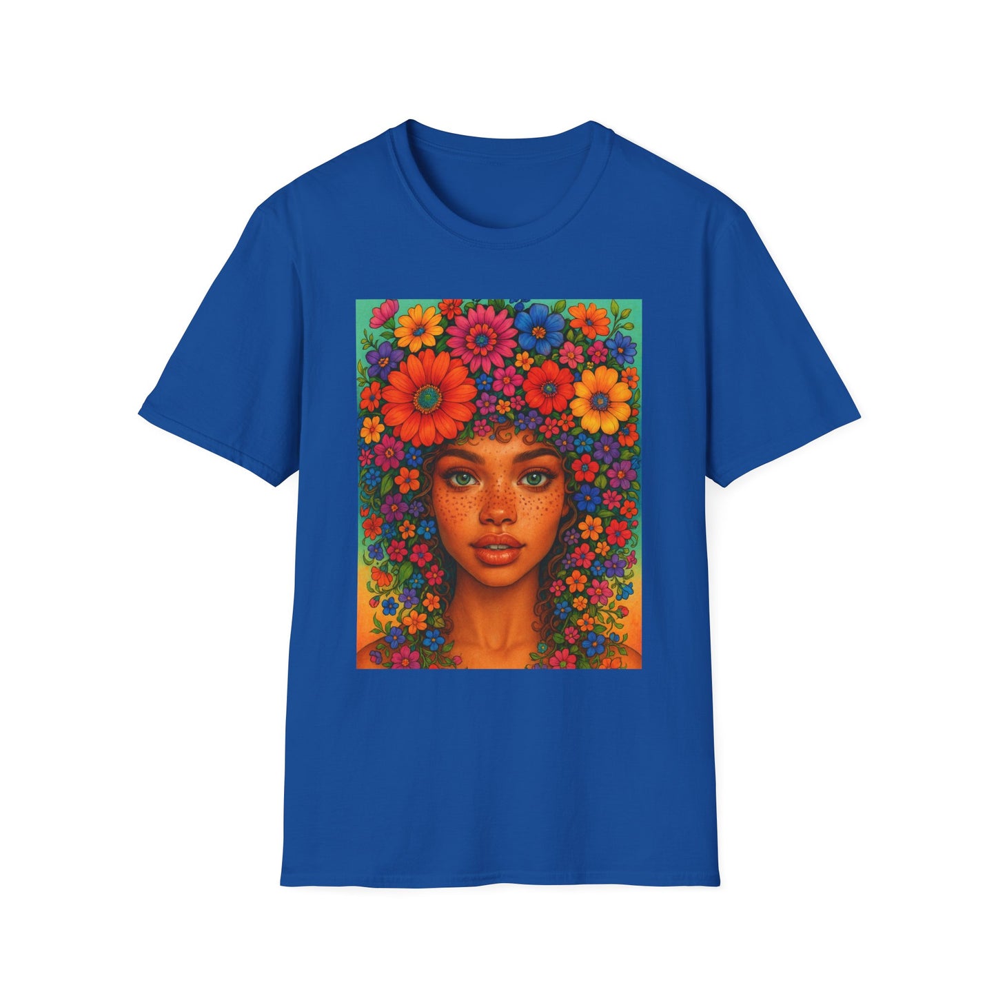Flower Crown Woman T-Shirt – Afro Boho Floral Portrait Tee – Vibrant Art Shirt Gift for Nature Lovers, Hippies, Artists, and Bold Aesthetic Queens