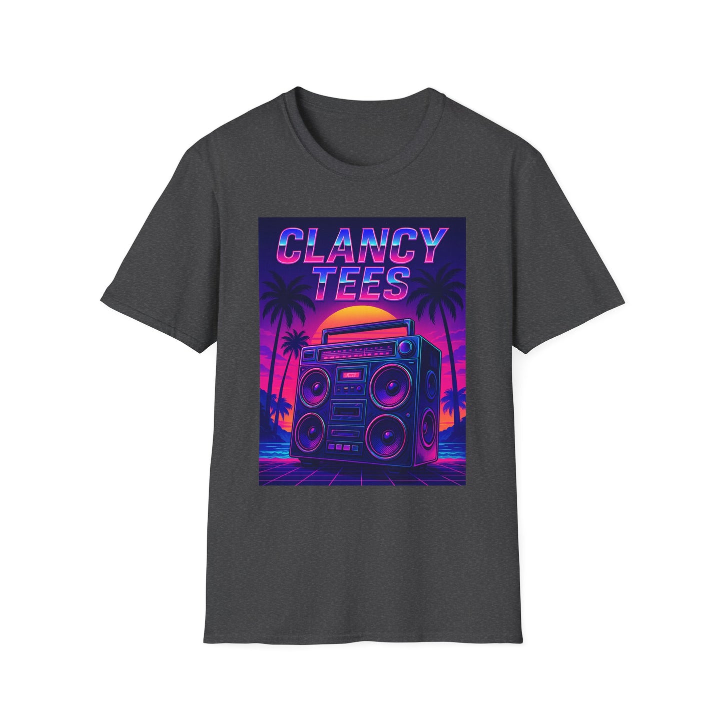 Retro Boombox Sunset Tee – Vaporwave Clancy Tees Shirt – Gift for 80s Kids, Music Lovers, Synthwave Fans & Nostalgic Neon Dreamers