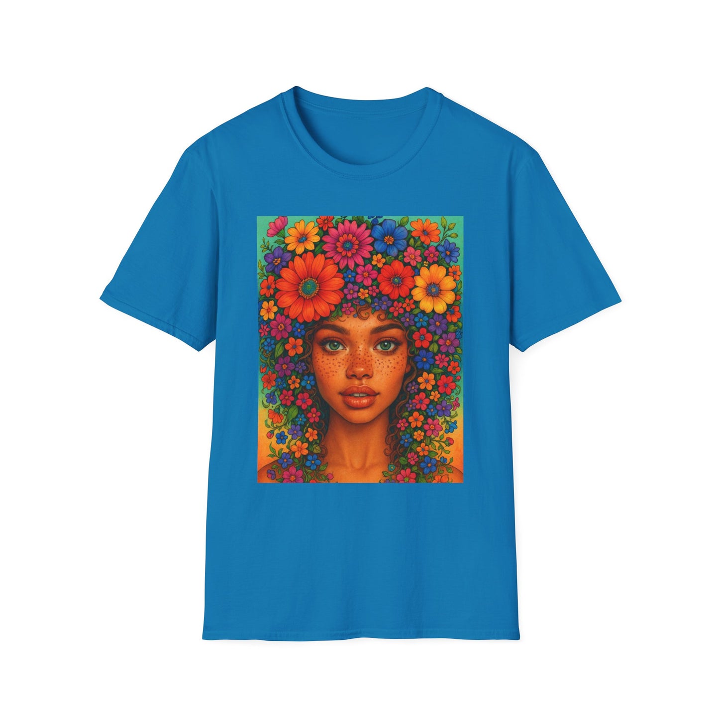 Flower Crown Woman T-Shirt – Afro Boho Floral Portrait Tee – Vibrant Art Shirt Gift for Nature Lovers, Hippies, Artists, and Bold Aesthetic Queens