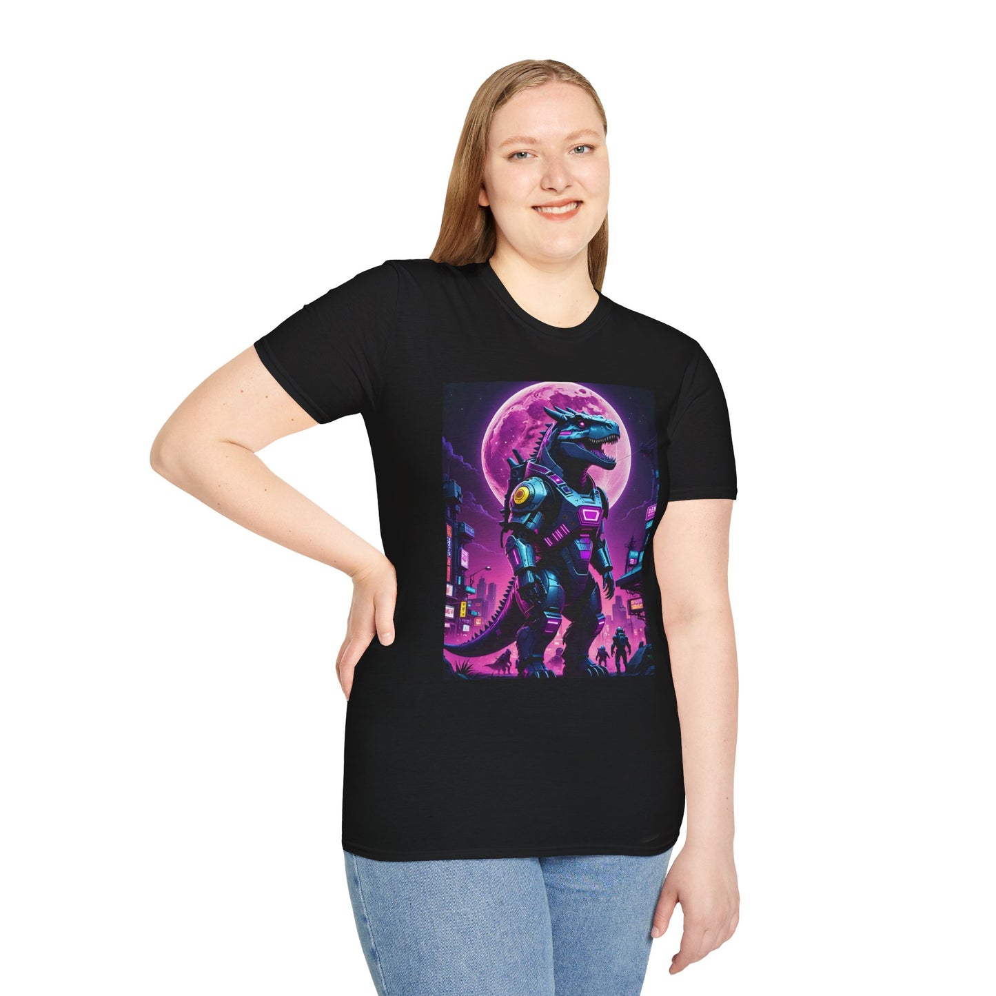 Cyberpunk Dinosaur T Shirt Neon Retro Graphic Tee Futuristic Monster Artwork Top Gift for Sci Fi Fans