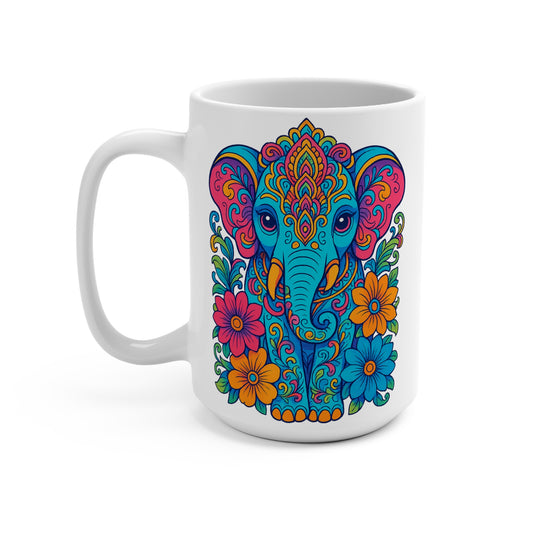 Psychedelic Elephant Mug – Trippy Colorful Coffee Cup With Flowers, Spiritual Animal Artwork, Gift for Yoga Lovers, Boho Hippie Drinkware