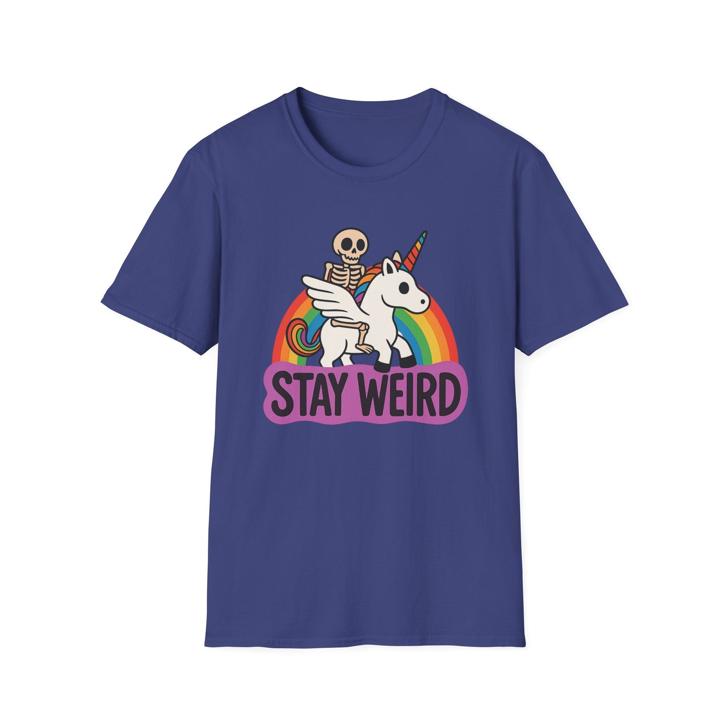 Stay Weird Skeleton Unicorn Shirt – Funny Rainbow Graphic Tee – Whimsical Weirdcore Clothing – Gift for Quirky Friends and Oddball Souls