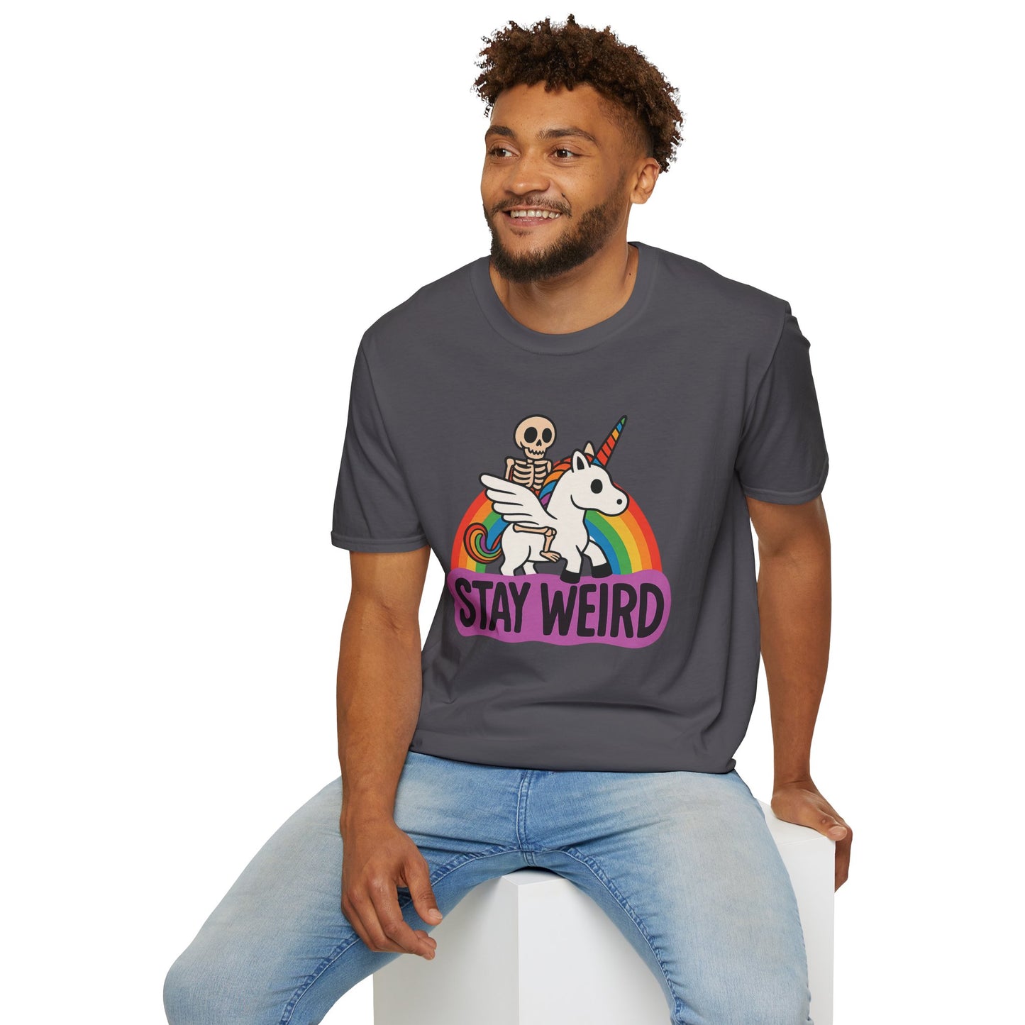 Stay Weird Skeleton Unicorn Shirt – Funny Rainbow Graphic Tee – Whimsical Weirdcore Clothing – Gift for Quirky Friends and Oddball Souls