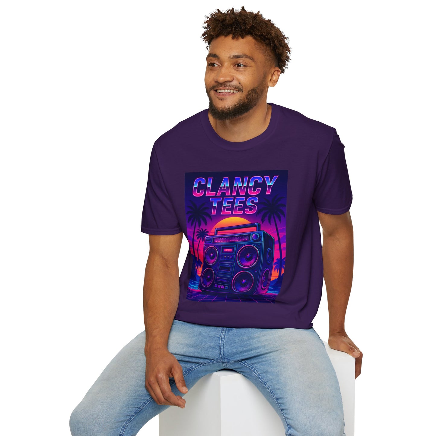 Retro Boombox Sunset Tee – Vaporwave Clancy Tees Shirt – Gift for 80s Kids, Music Lovers, Synthwave Fans & Nostalgic Neon Dreamers