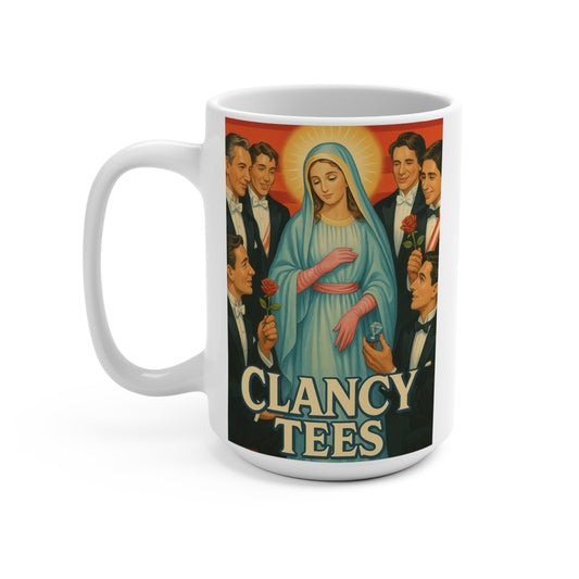 Virgin Mary Surrounded Ceramic Mug Vintage Style Religious Satire Coffee Cup