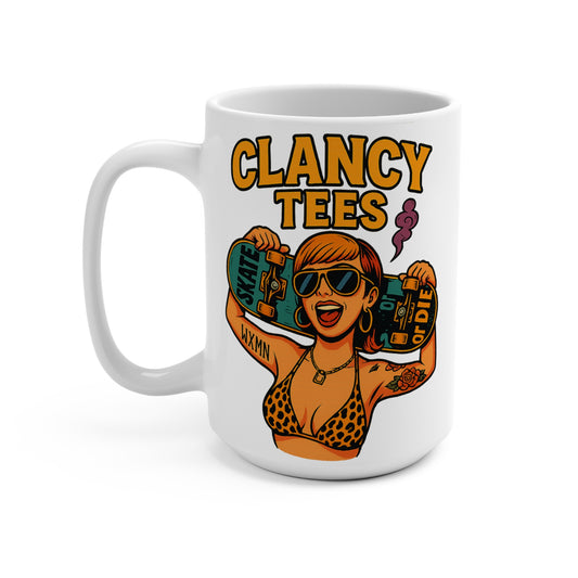 Skater Girl Coffee Mug Funny 15oz Ceramic Cup Retro Tattoo Art Gift For Skateboarding Fans Bold Humor Morning Drinkware Unique ClancyTees Design